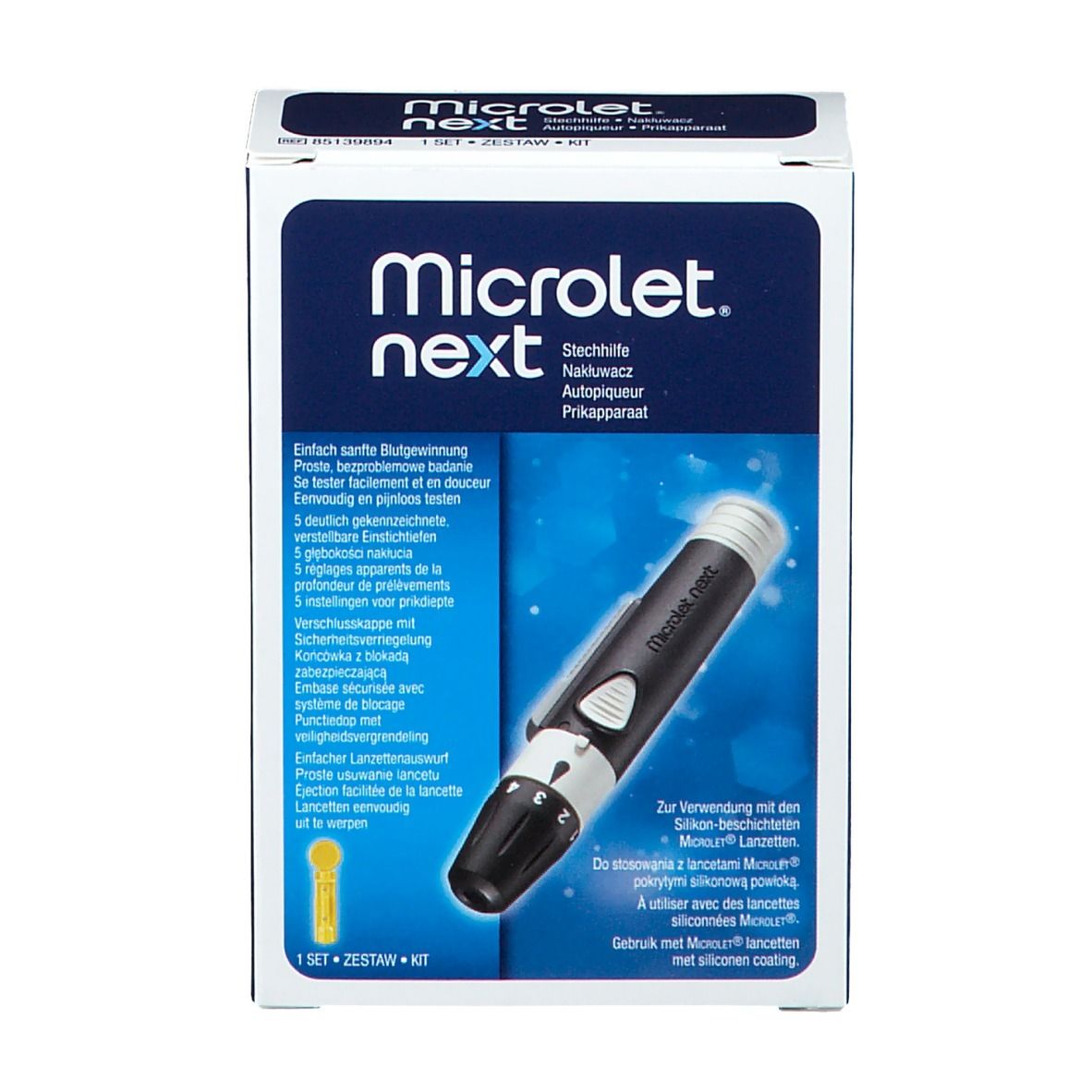 Vue de face de la boîte Ascensia Microlet Next Kit. Montre l'autopiqueur et le nom du produit. Blanc et bleu.