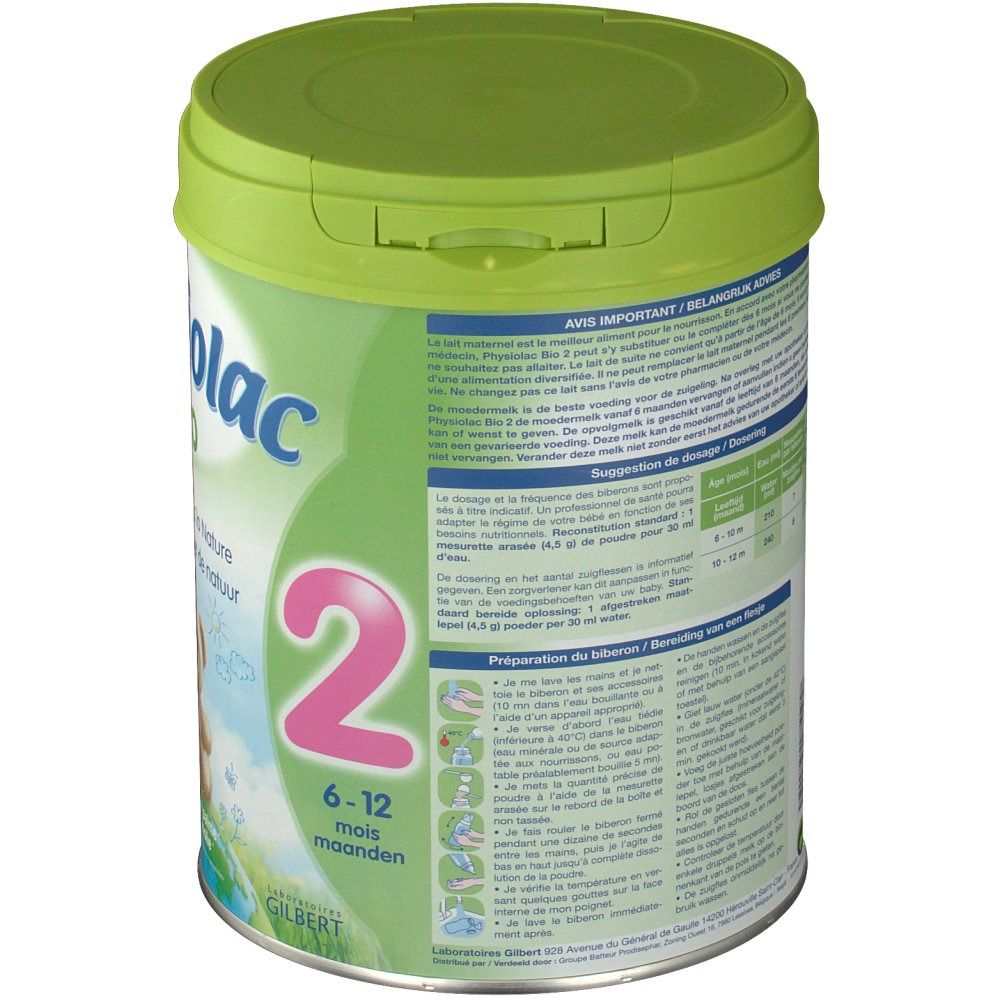 Dos de la boîte de lait en poudre Physiolac Bio 2. Texte multilingue. Instructions de préparation. Boîte avec couvercle vert.