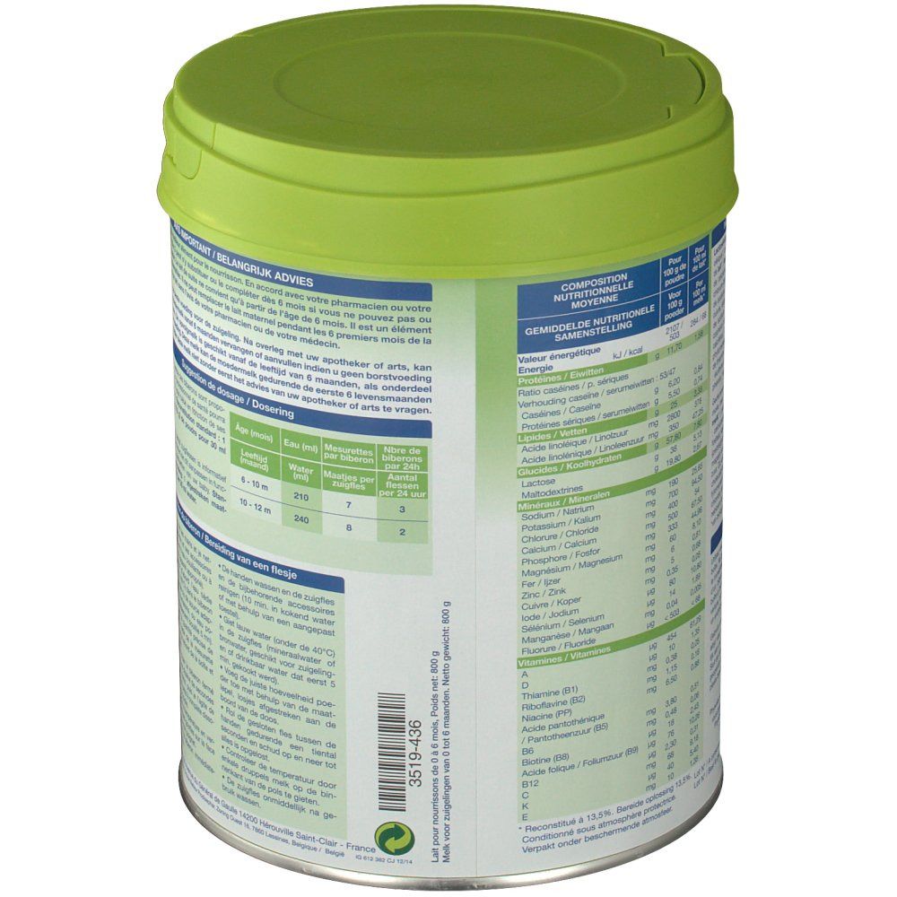 Dos de la boîte de lait en poudre Physiolac Bio 2. Tableau nutritionnel et autres informations. Boîte avec couvercle vert.