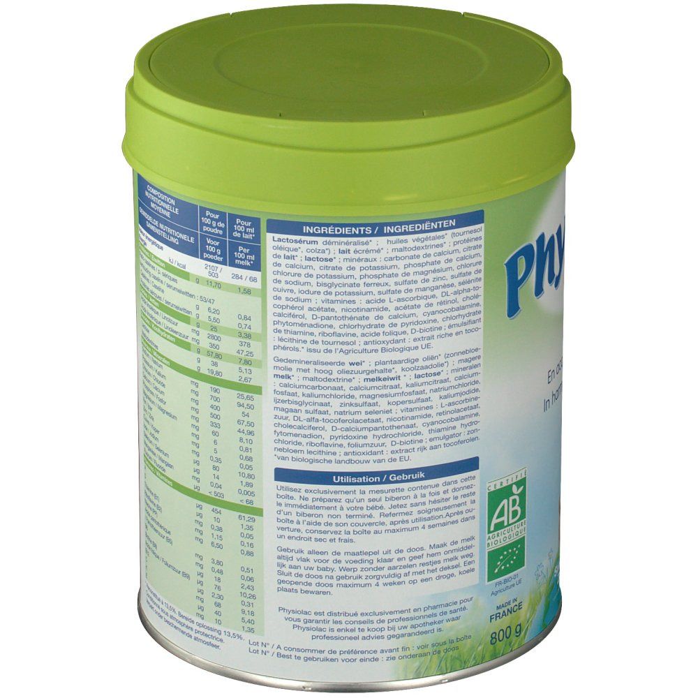 Dos de la boîte de lait en poudre Physiolac Bio 2. Liste des ingrédients et autres informations. Boîte avec couvercle vert.