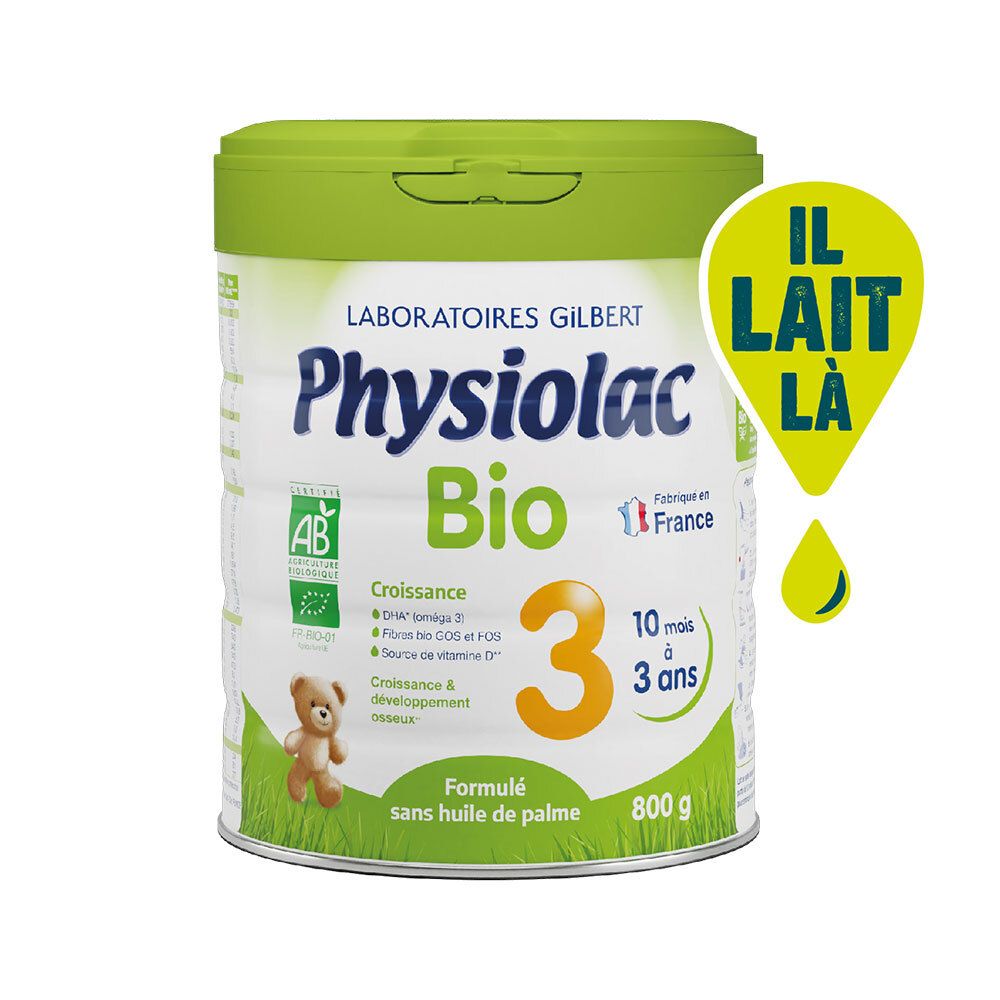 Boîte Physiolac Bio 3, vert et blanc. Inscription : Bio, 3, 10 mois à 3 ans, 800 g. Label AB. Illustration d'un ours en peluche.
