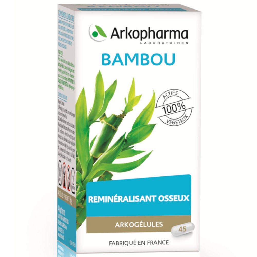 Boîte Arkopharma Bambou. Inscription: Reminéralisant osseux, 100% végétal. Contient 45 gélules.