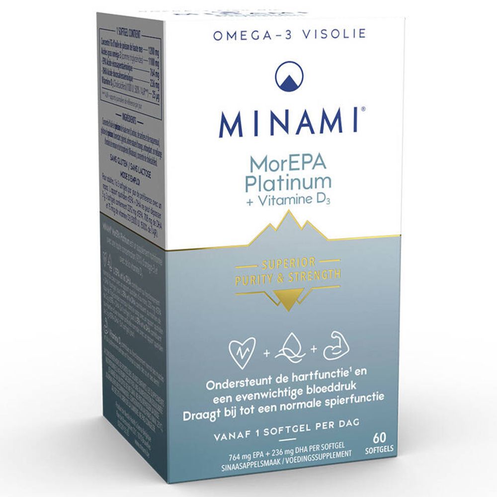 Boîte de Minami MorEPA Platinum + Vitamine D3. Contient 60 gélules. Inscription : Oméga-3 Visolie.