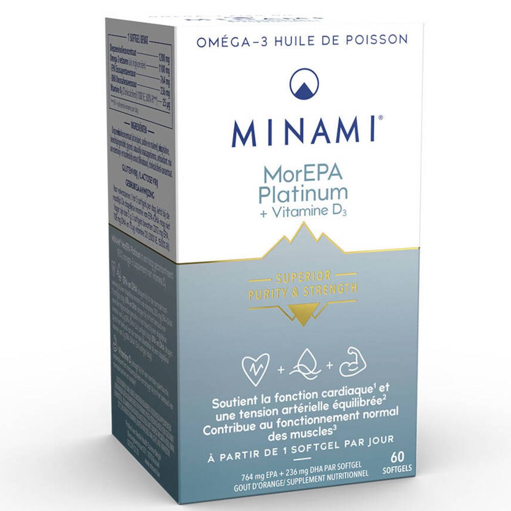 Boîte de Minami MorEPA Platinum + Vitamine D3. Contient 60 gélules. Inscription : Oméga-3 Huile de Poisson.