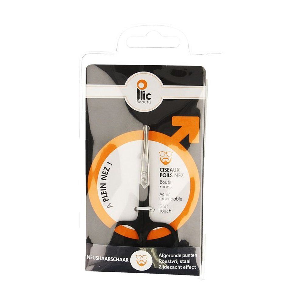 Ciseaux à poils de nez dans un emballage. Poignée noire, lame argentée. Inscription : Ilic Beauty, Ciseaux poils nez, A plein nez.