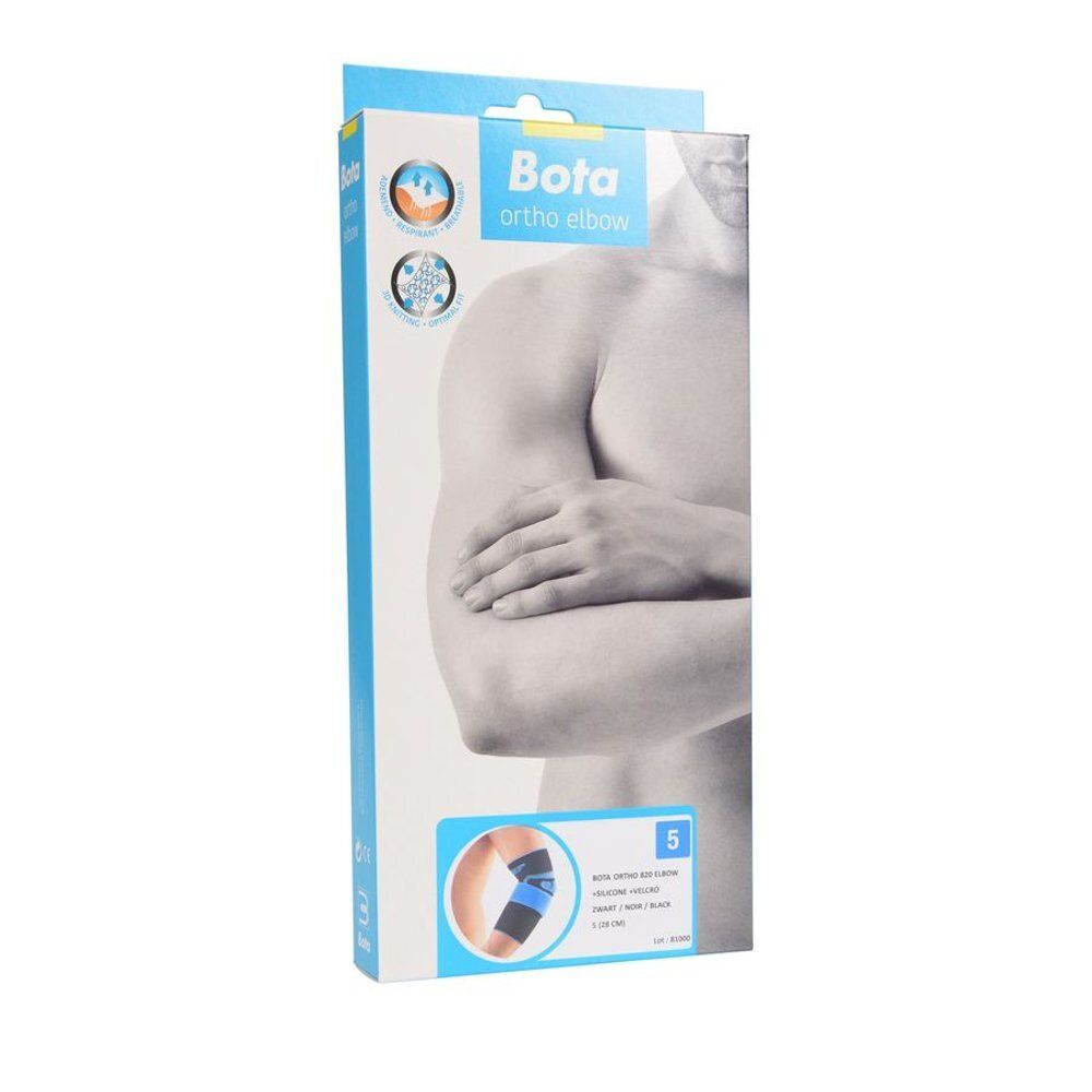 Emballage Bota Ortho Elbow. Image d'un homme avec un bras. Illustration du produit en bas.