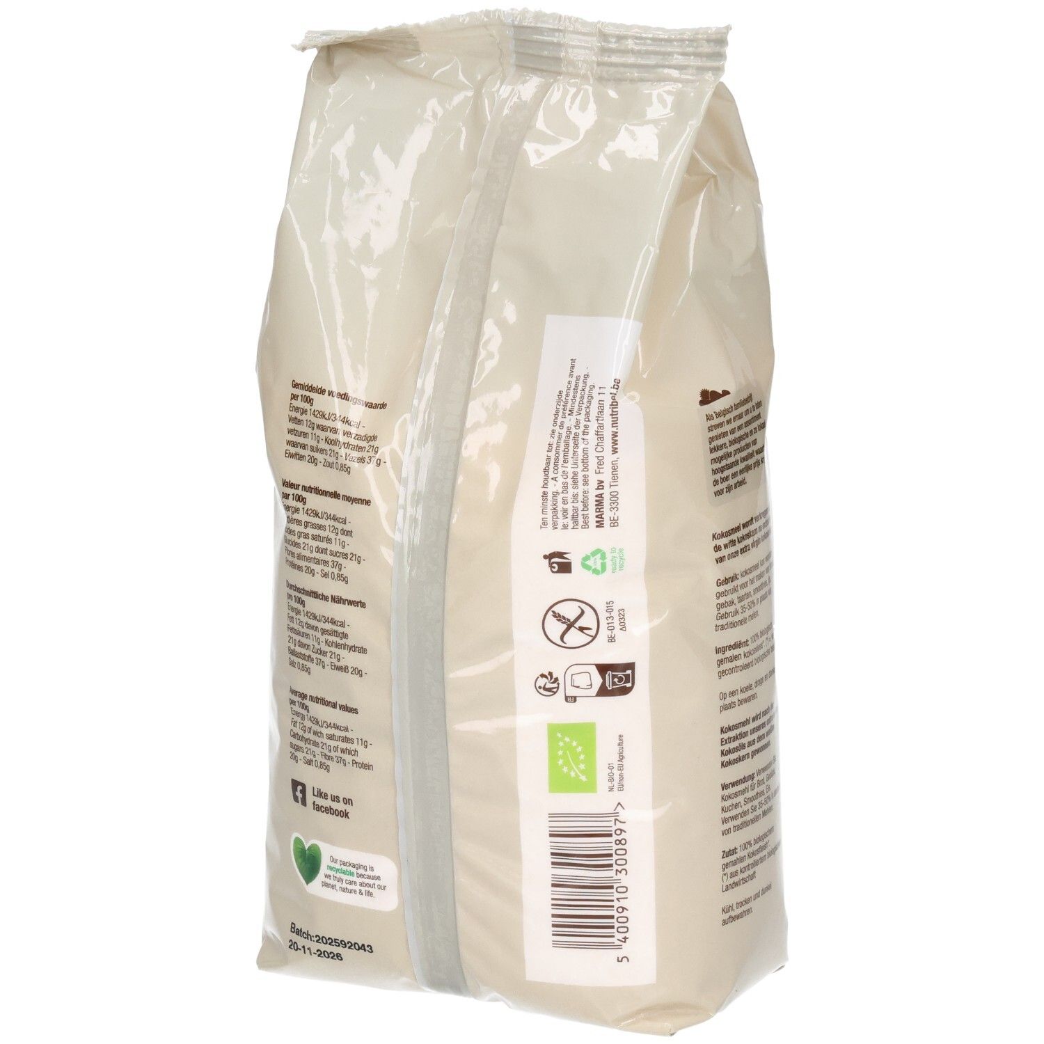 Dos du sachet de farine de coco. Texte, logos, label bio, sans gluten, vegan. Code-barres.