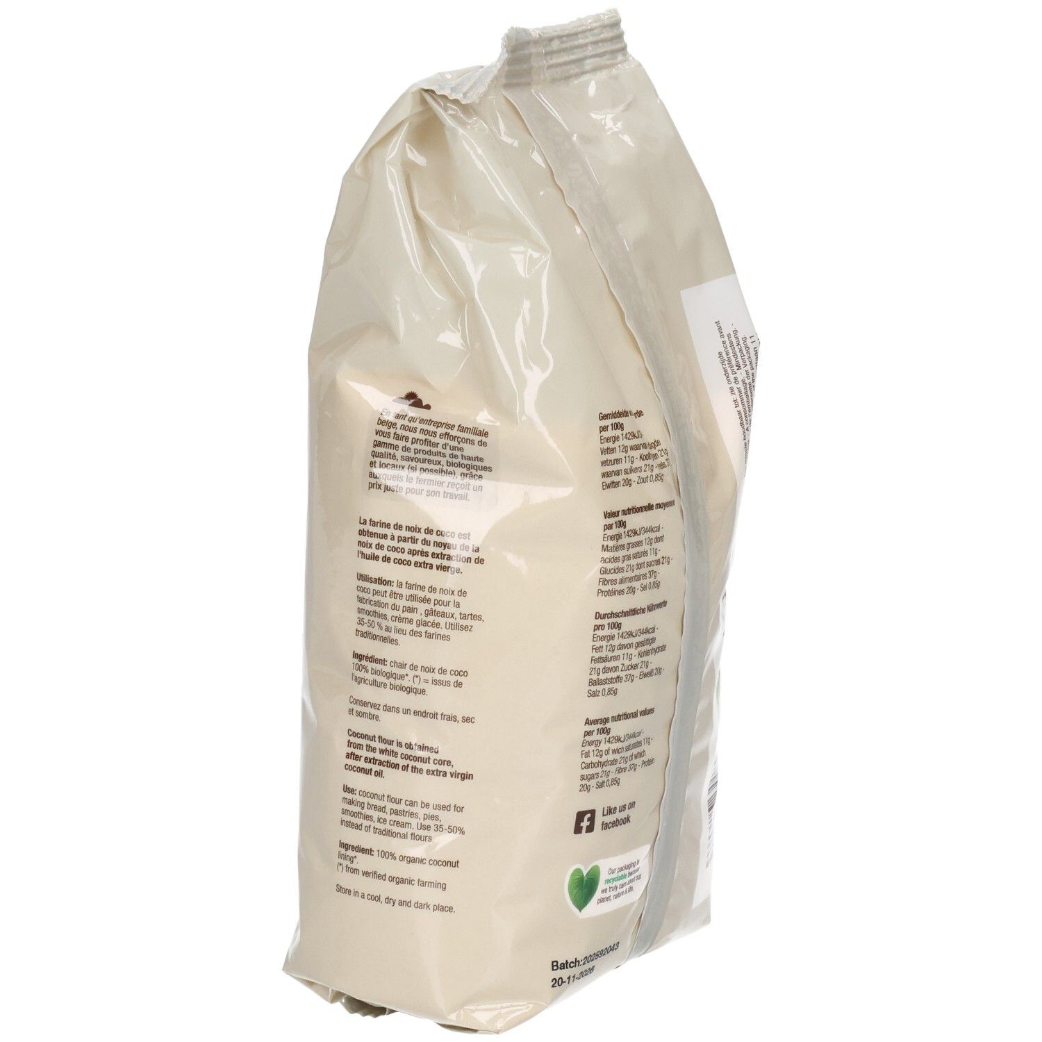 Dos du sachet de farine de coco. Texte, logos, label bio, sans gluten, vegan. Code-barres.
