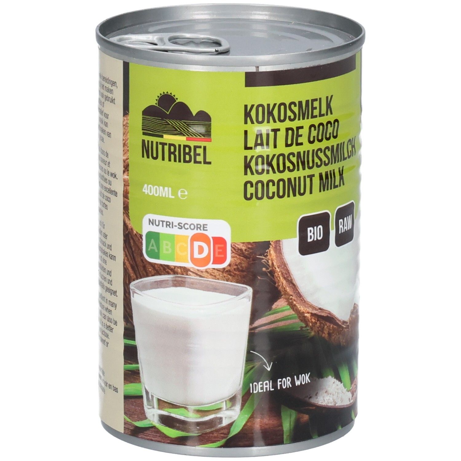 Boîte de lait de coco. Étiquette verte et blanche avec nom du produit, logo et informations nutritionnelles. Image de noix de coco et verre de lait.
