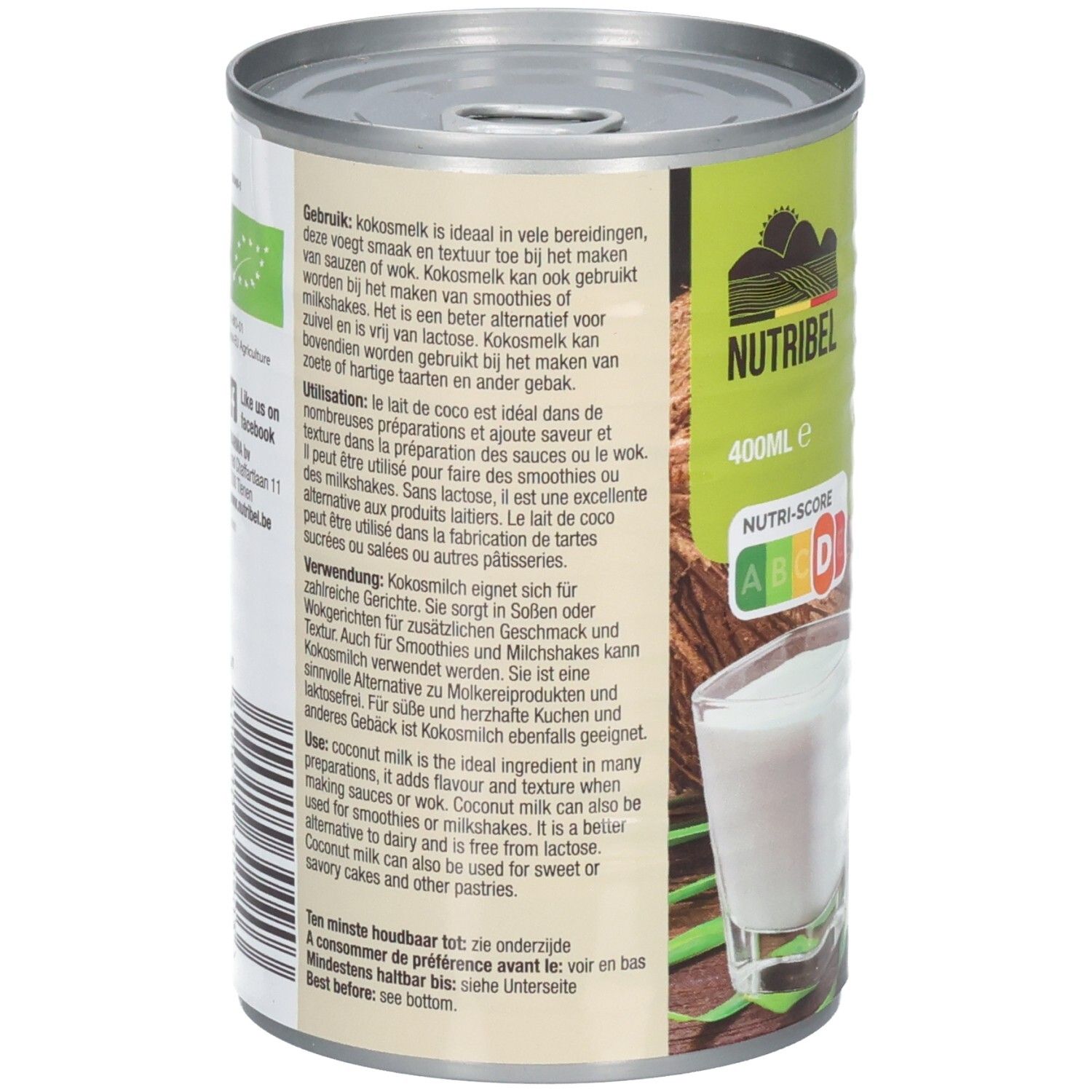Boîte de lait de coco. Dos avec texte multilingue. Contient des informations sur l'utilisation et les ingrédients. Label bio.