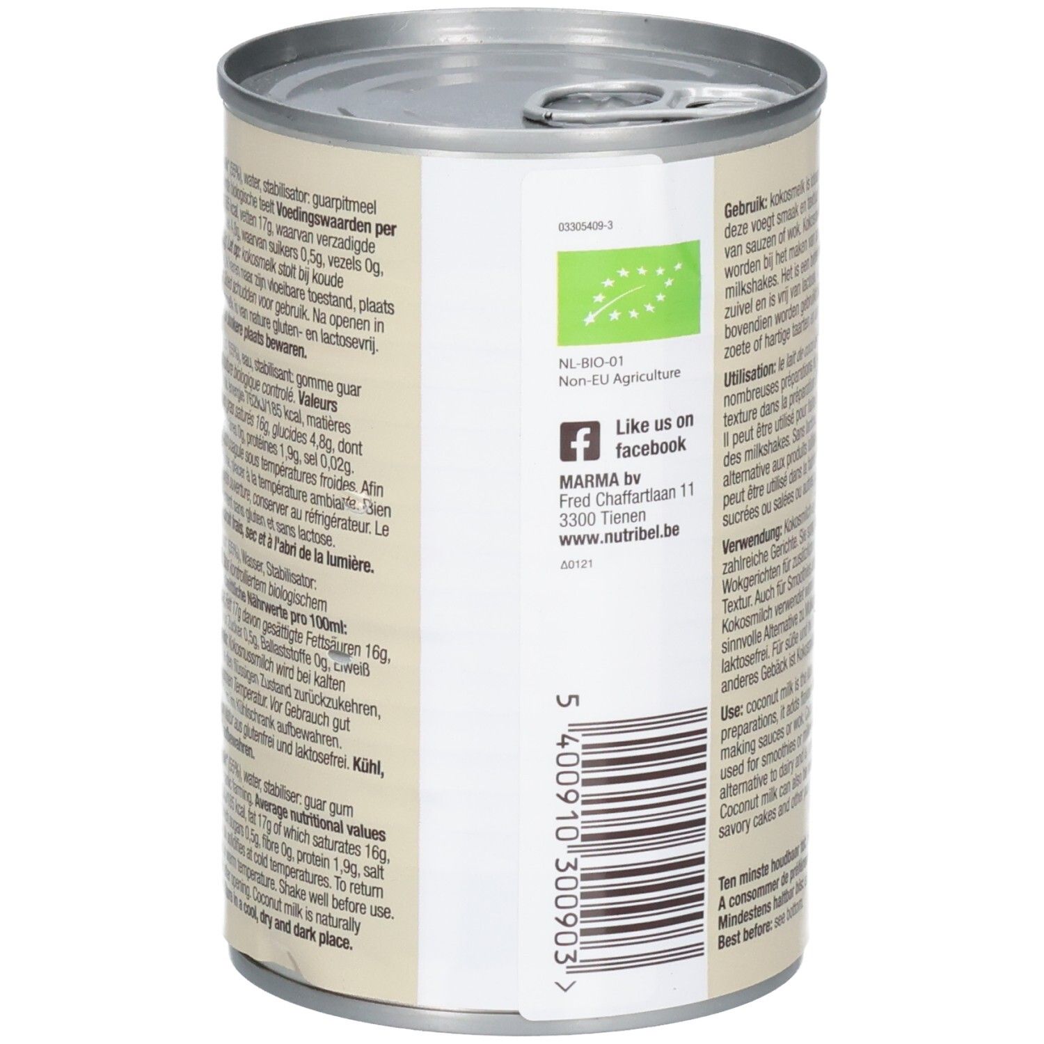 Boîte de lait de coco. Dos avec texte et informations nutritionnelles. Label bio. Coordonnées du fabricant.
