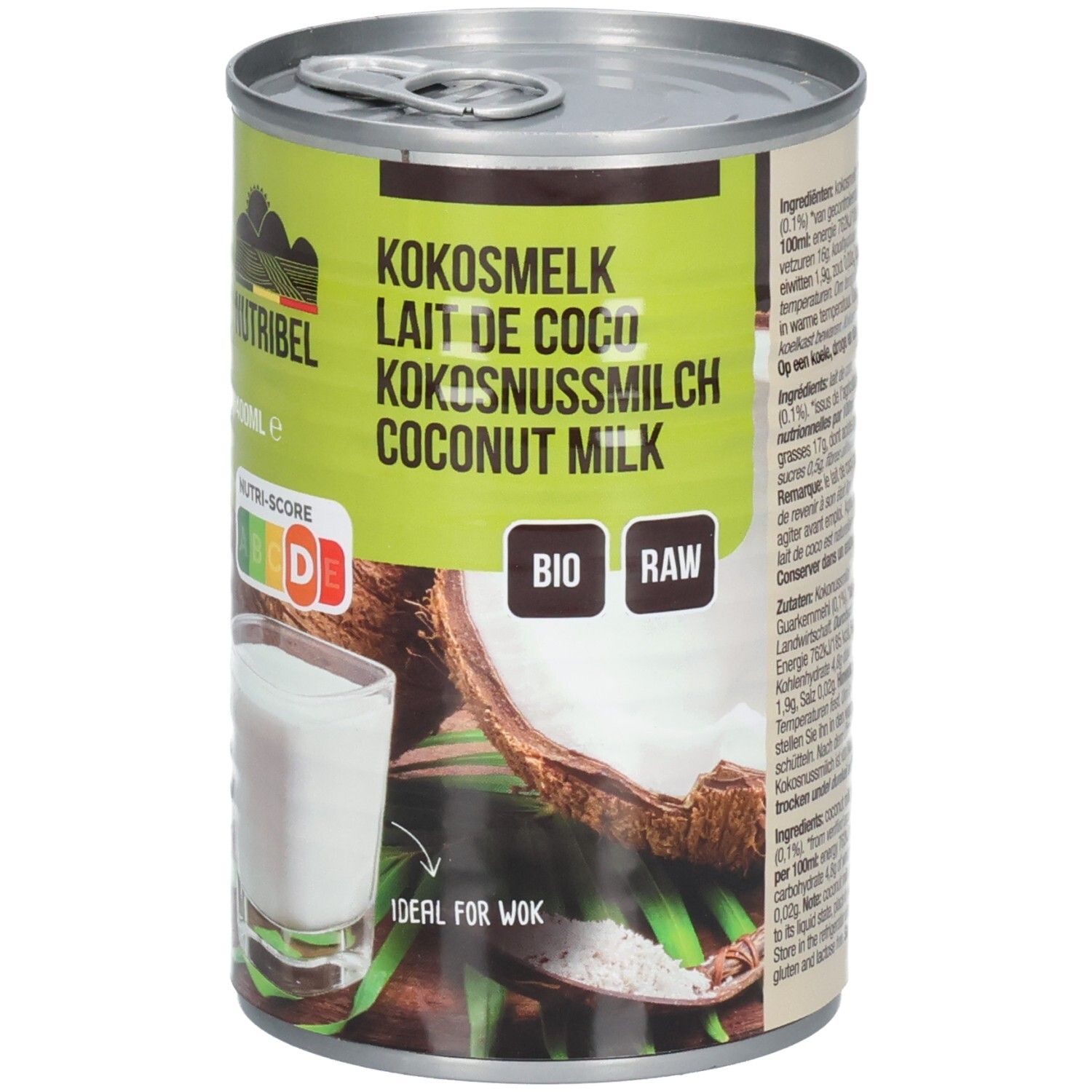 Boîte de lait de coco. Étiquette verte et blanche avec nom du produit, logo et informations nutritionnelles. Image de noix de coco et verre de lait.