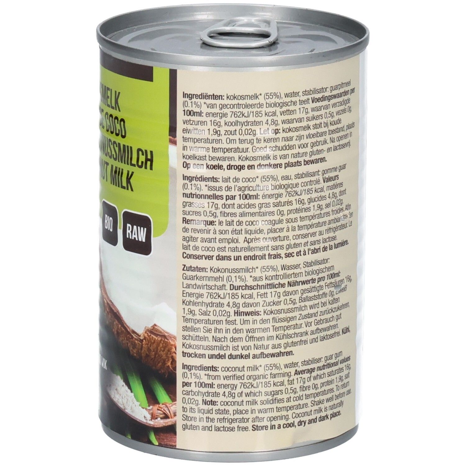 Boîte de lait de coco. Vue détaillée de la liste des ingrédients et des informations nutritionnelles. Texte multilingue. Label bio.