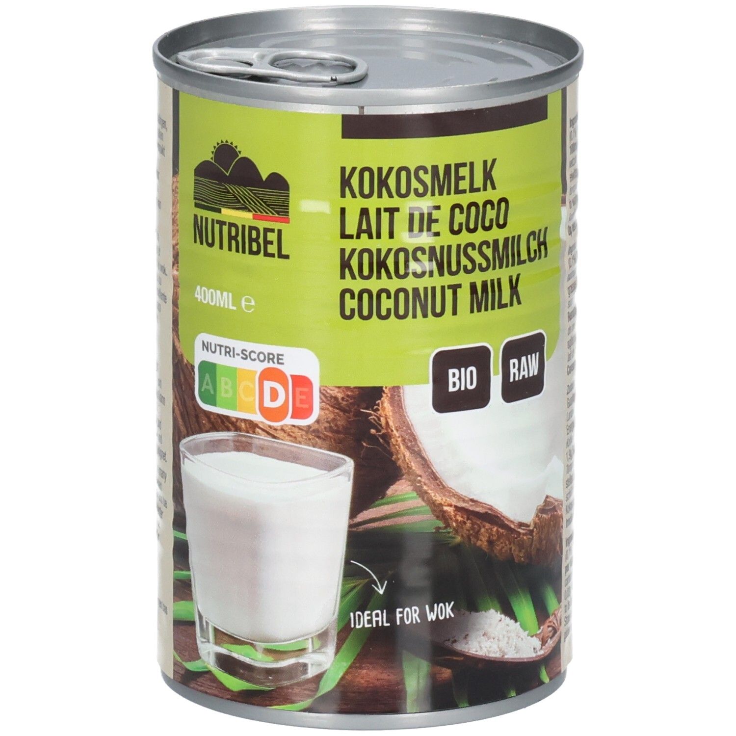 Boîte de lait de coco. Étiquette verte et blanche avec nom du produit, logo et informations nutritionnelles. Image de noix de coco et verre de lait.