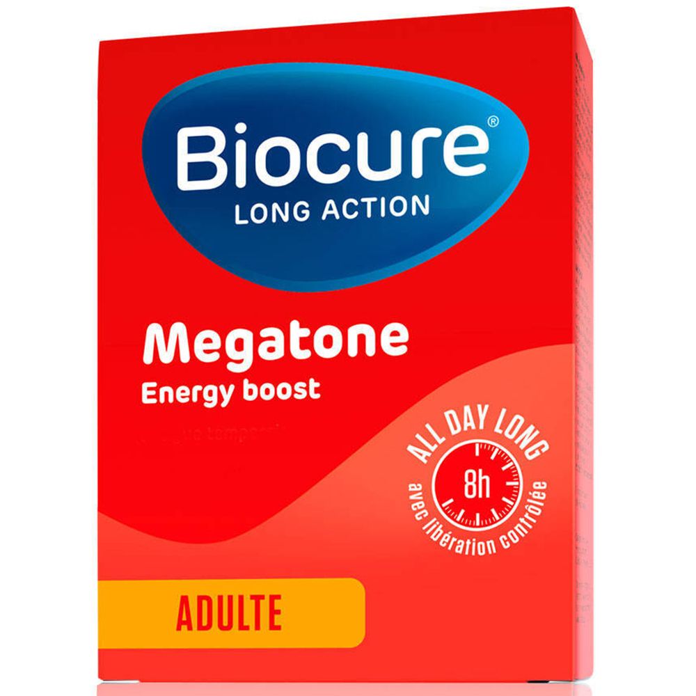 Boîte rouge avec logo et nom du produit. Texte: Megatone Energy boost. Inscription: Adulte.