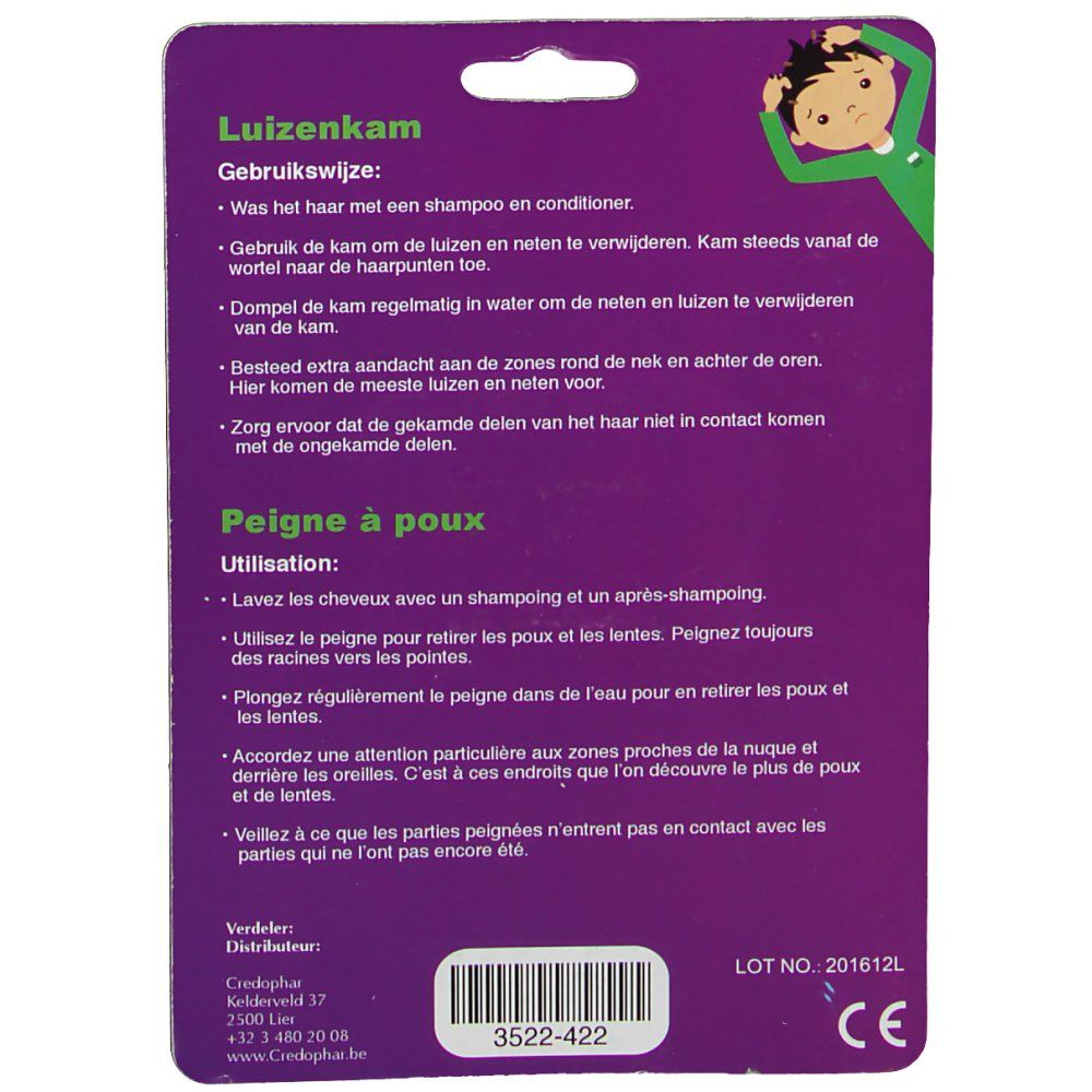 Emballage de peigne à poux avec instructions. Fond violet, texte en néerlandais et français. Marque CE.