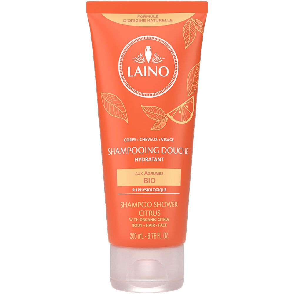 Tube orange LAINO. Texte "Shampooing Douche Hydratant" et "Citrus" visibles. Certification Bio. Contient des extraits d'agrumes.