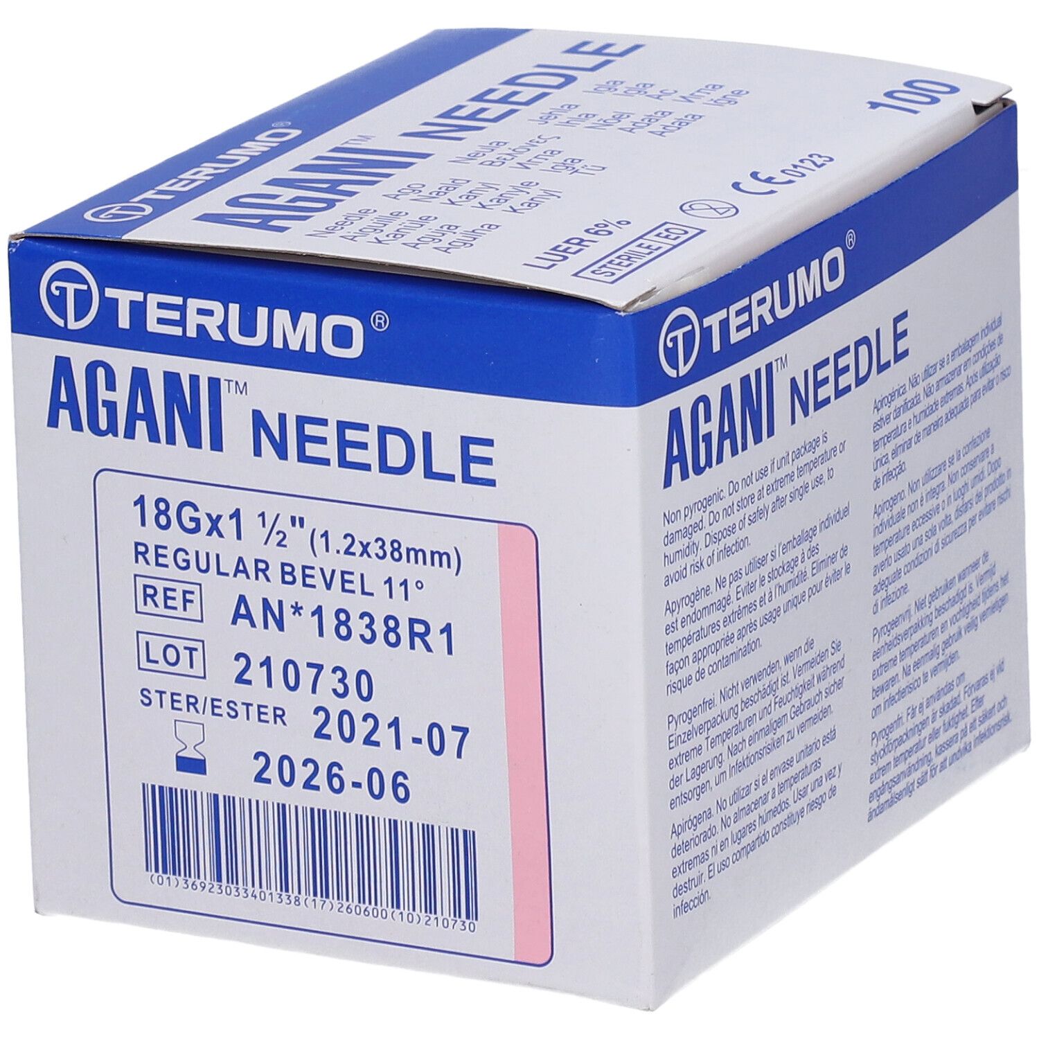 Boîte Terumo Agani Needle. Inscription : 18G x 1 1/2 (1.2x38mm), Regular Bevel 11°. Numéro de référence, lot, date de péremption.