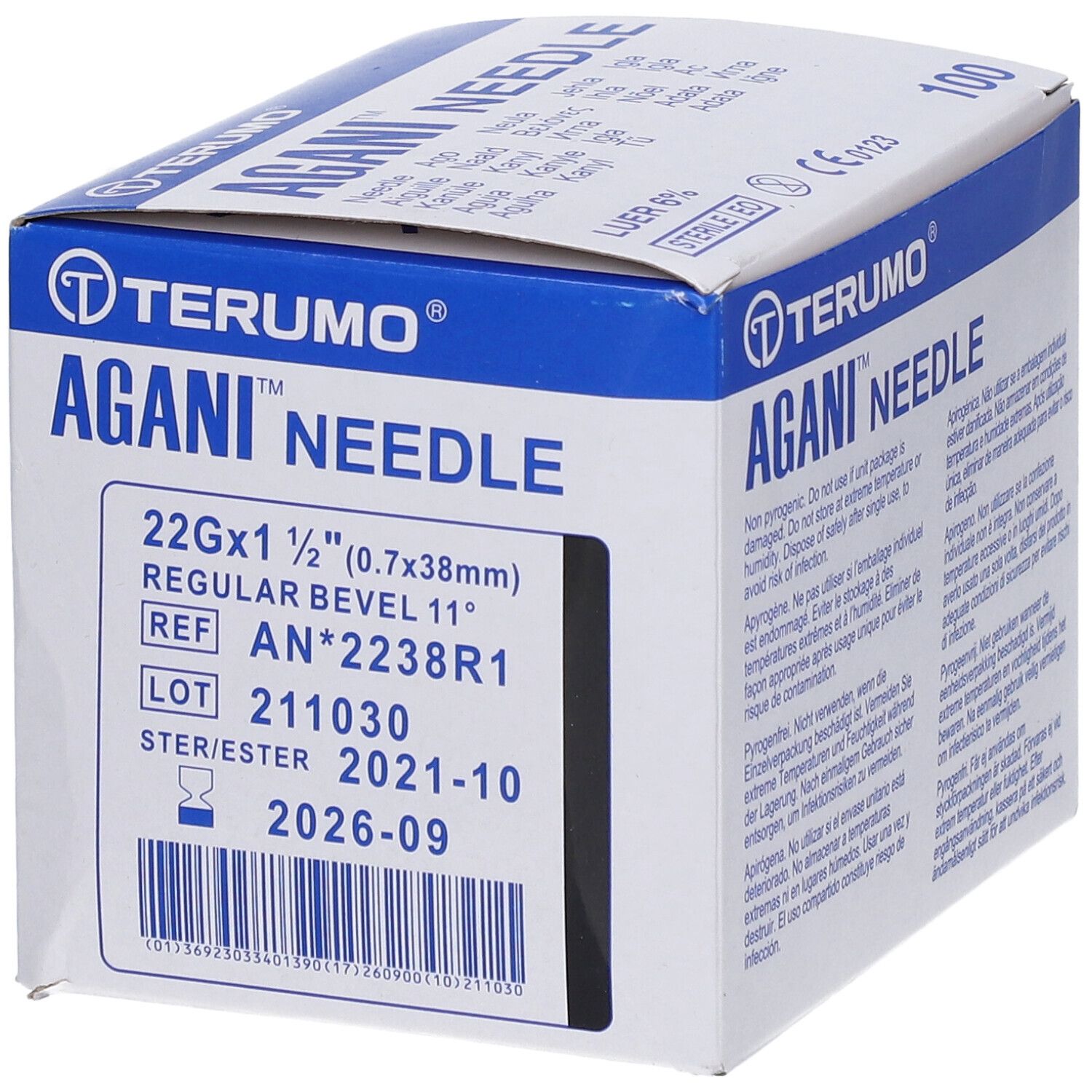 Boîte Terumo Agani Needle, 22G x 1 1/2" (0,7x38mm). Emballage bleu et blanc avec informations et logo.