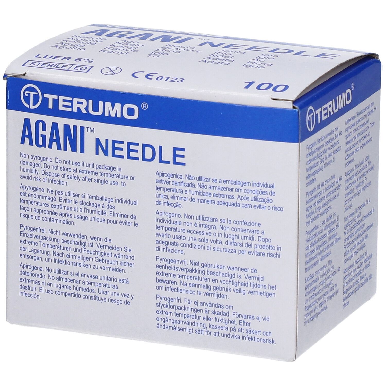 Boîte Terumo Agani Needle. Arrière avec texte multilingue. Logo et informations produit.