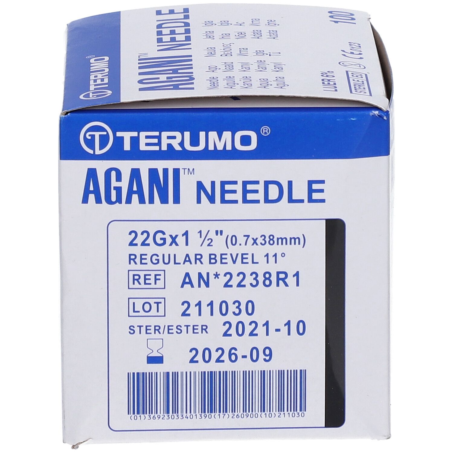 Boîte Terumo Agani Needle, 22G x 1 1/2" (0,7x38mm). Emballage bleu et blanc avec informations et logo.