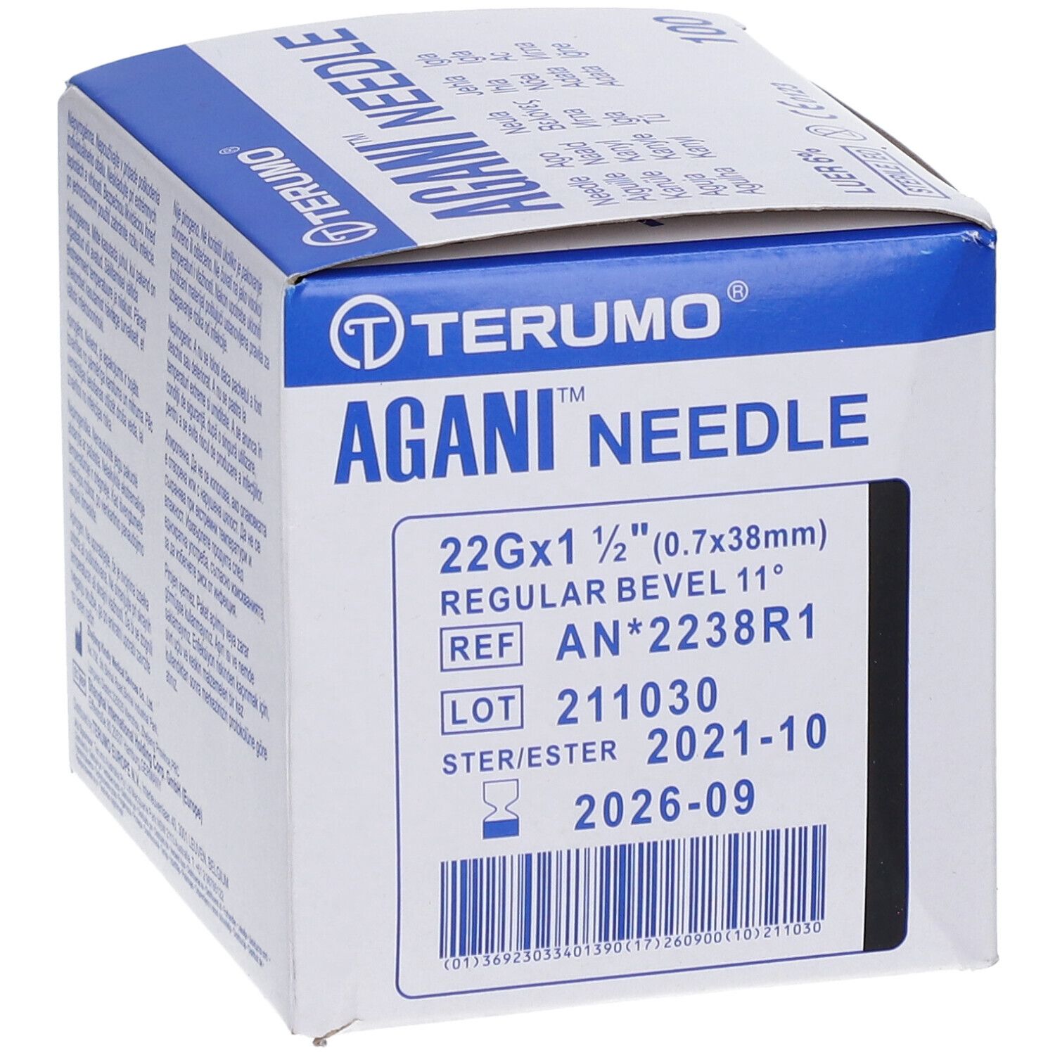 Boîte Terumo Agani Needle, 22G x 1 1/2" (0,7x38mm). Emballage bleu et blanc avec informations et logo.