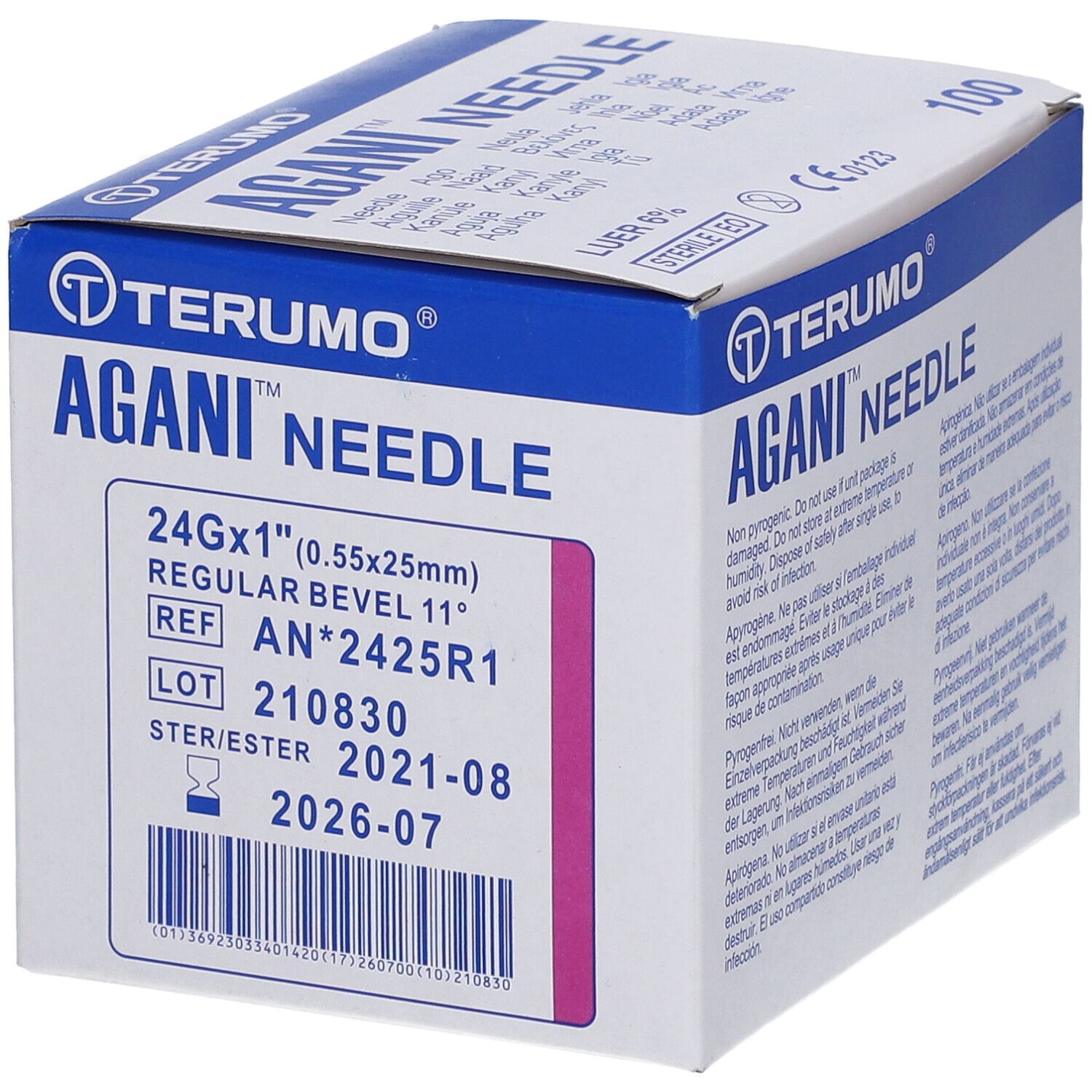 Boîte d'aiguilles Terumo Agani. Informations produit: 24Gx1", REF AN*2425R1, LOT 210830, STER/ESTER 2021-08, 2026-07.