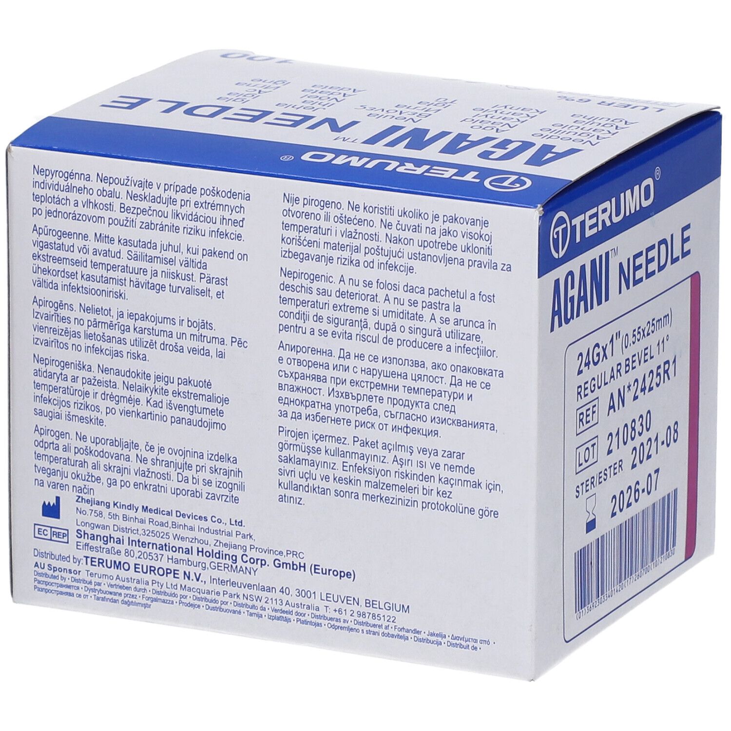 Boîte d'aiguilles Terumo Agani. Informations produit et avertissements sur l'emballage. Marquage CE.