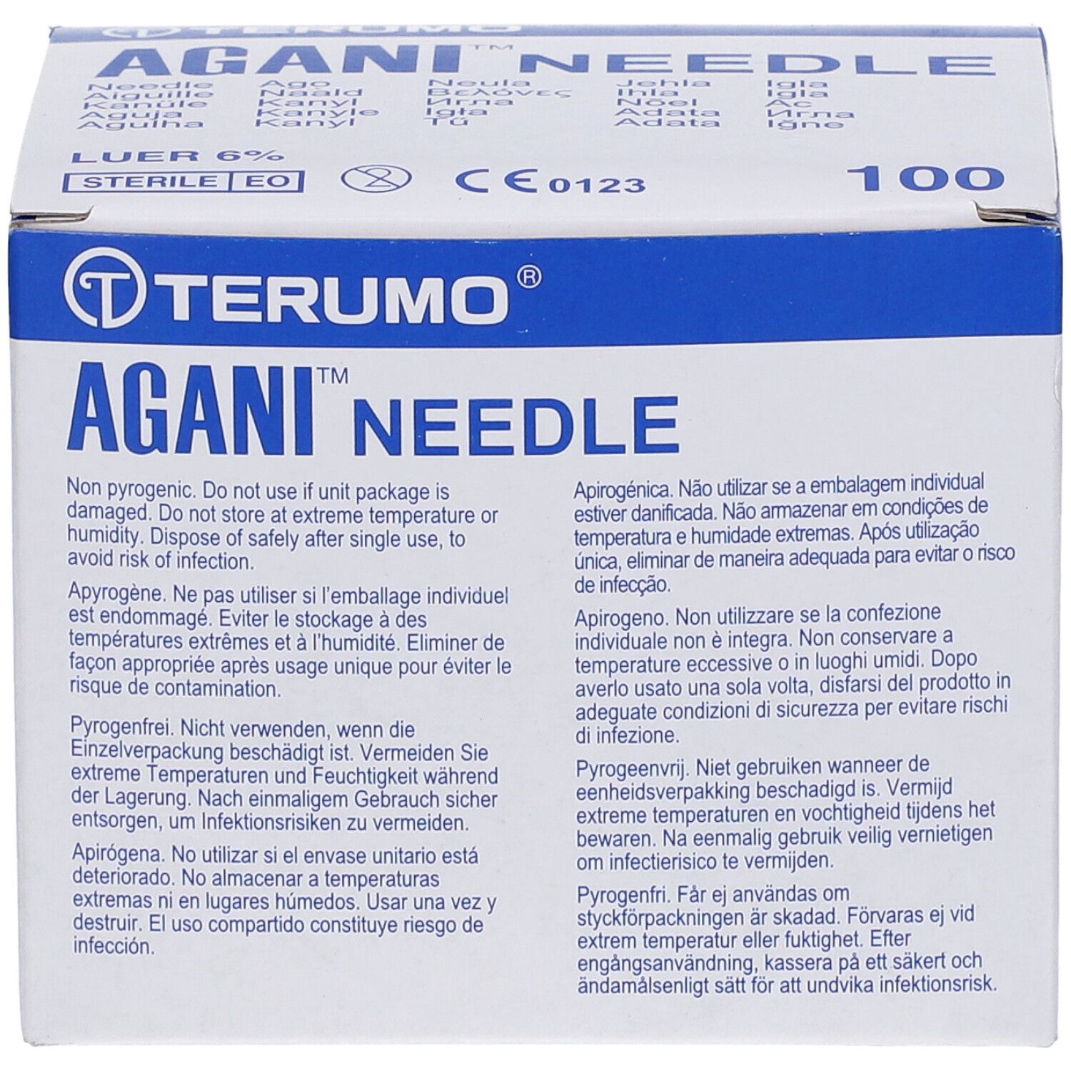 Boîte d'aiguilles Terumo Agani. Informations produit et avertissements sur l'emballage. Marquage CE.