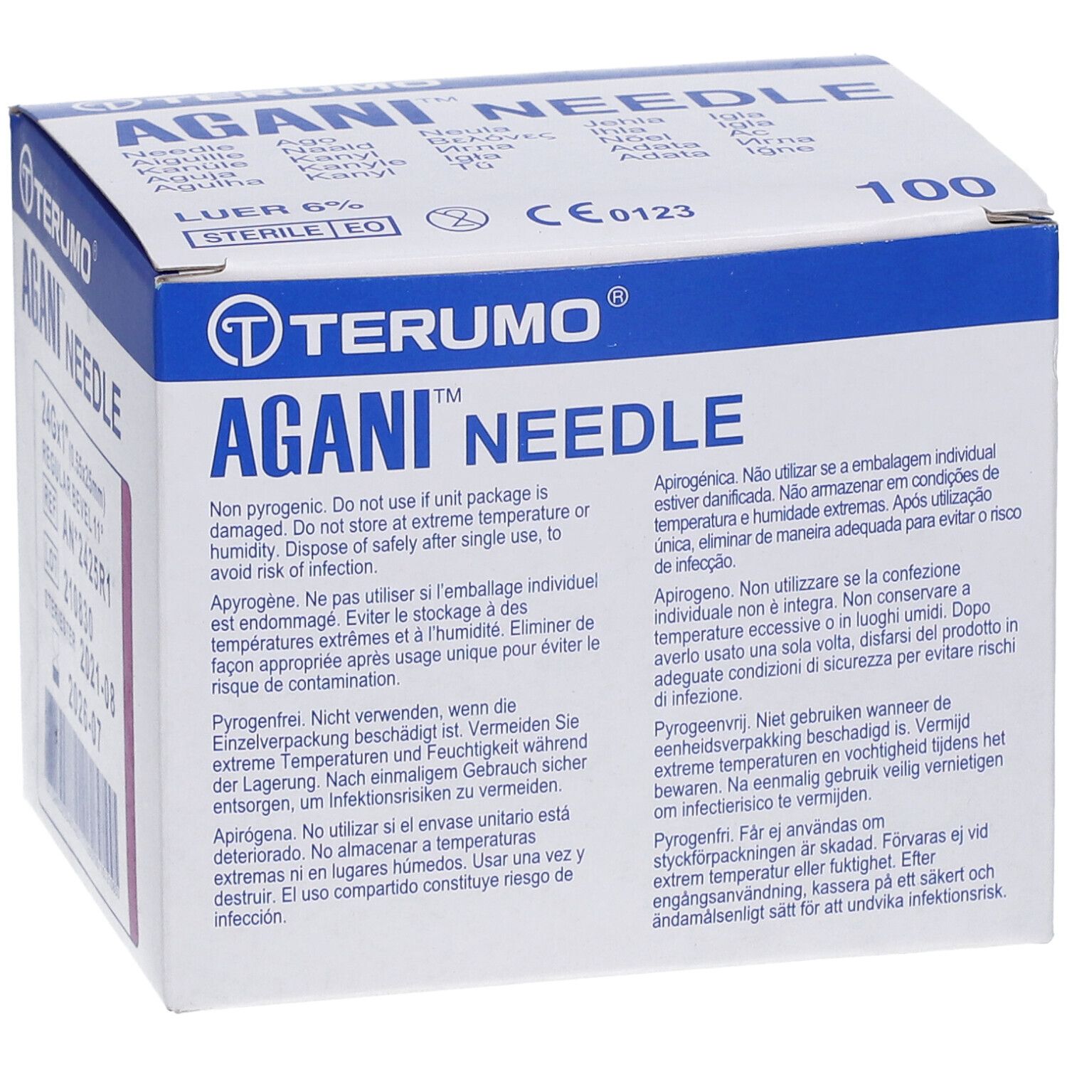 Boîte d'aiguilles Terumo Agani. Informations produit et avertissements sur l'emballage. Marquage CE.