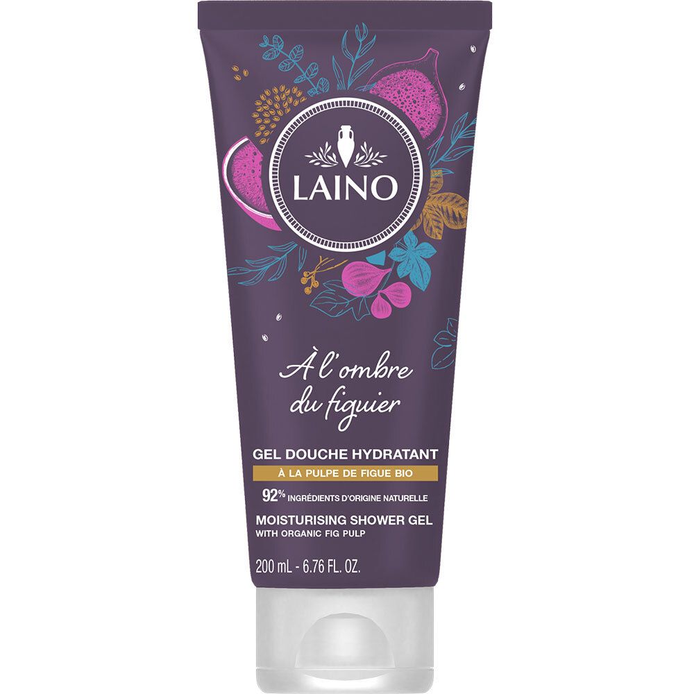 Tube de gel douche Laino Figuier. Illustration de figues et texte. 200 ml. Gel douche hydratant à la pulpe de figue bio.