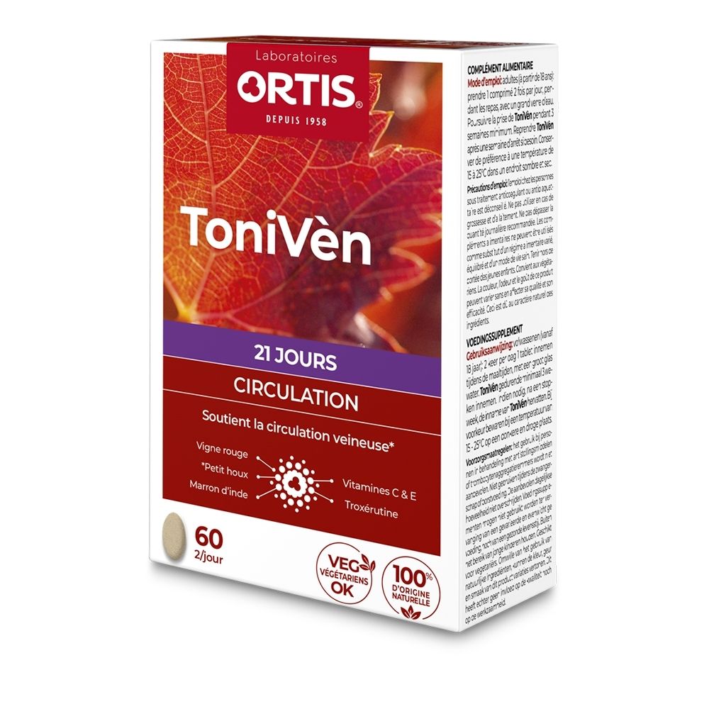 Ortis Tonivèn: 60 gélules pour les veines. Contient des extraits de plantes et vitamines.