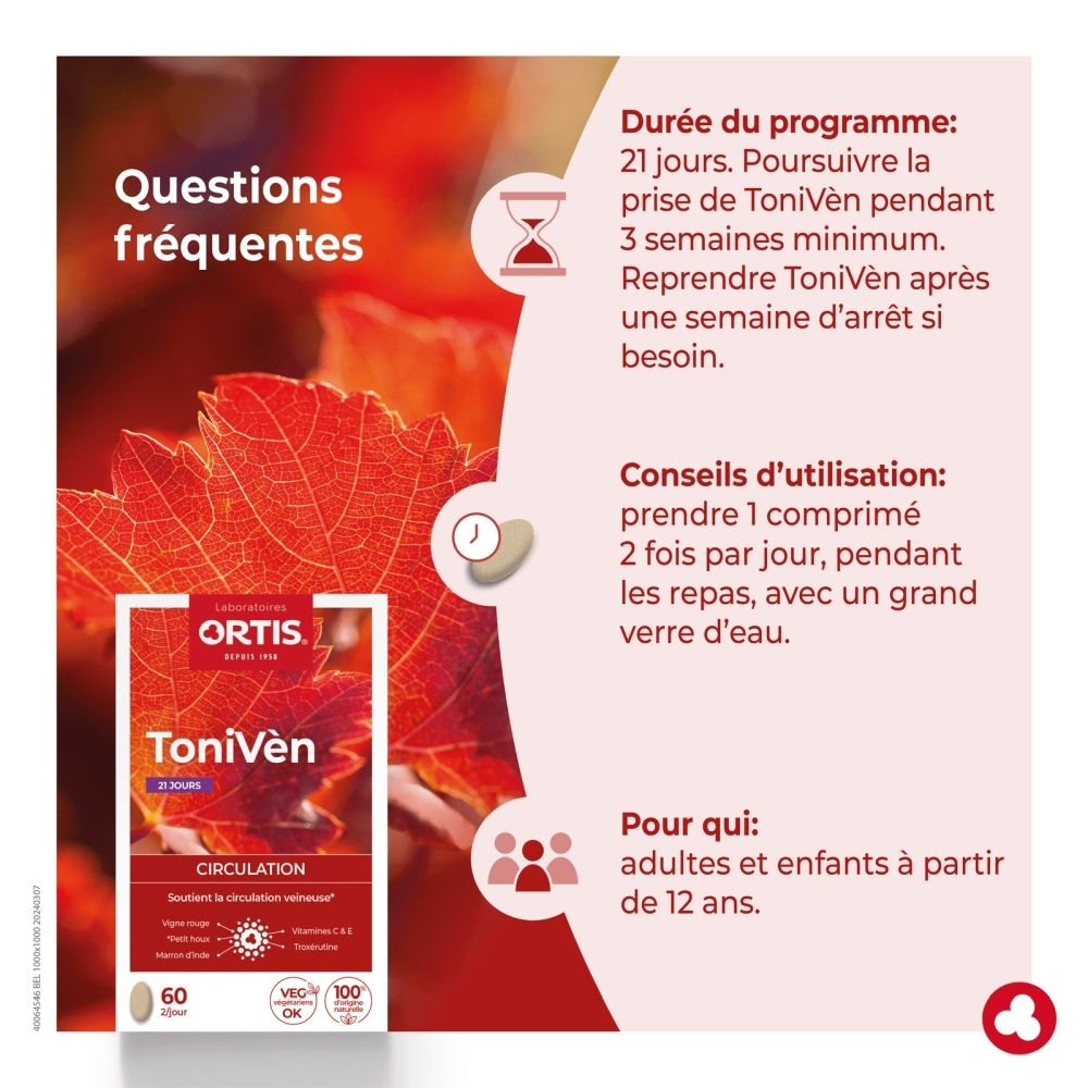 Ortis Tonivèn: 60 gélules pour les veines. Contient des extraits de plantes et vitamines.