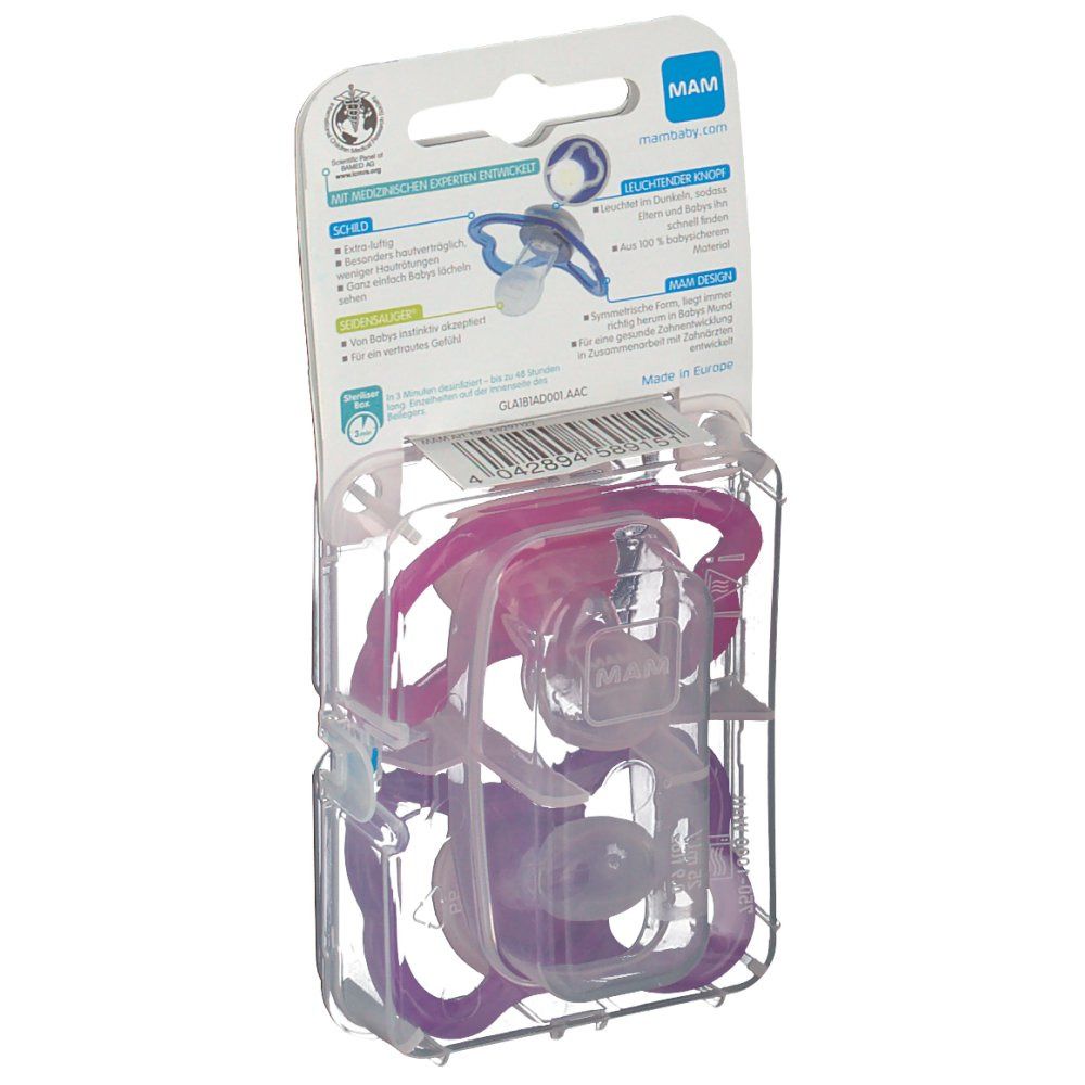 Dos de l'emballage avec informations sur le produit et logo MAM. Deux sucettes dans l'emballage, violettes et roses. Boîte de transport stérilisable.