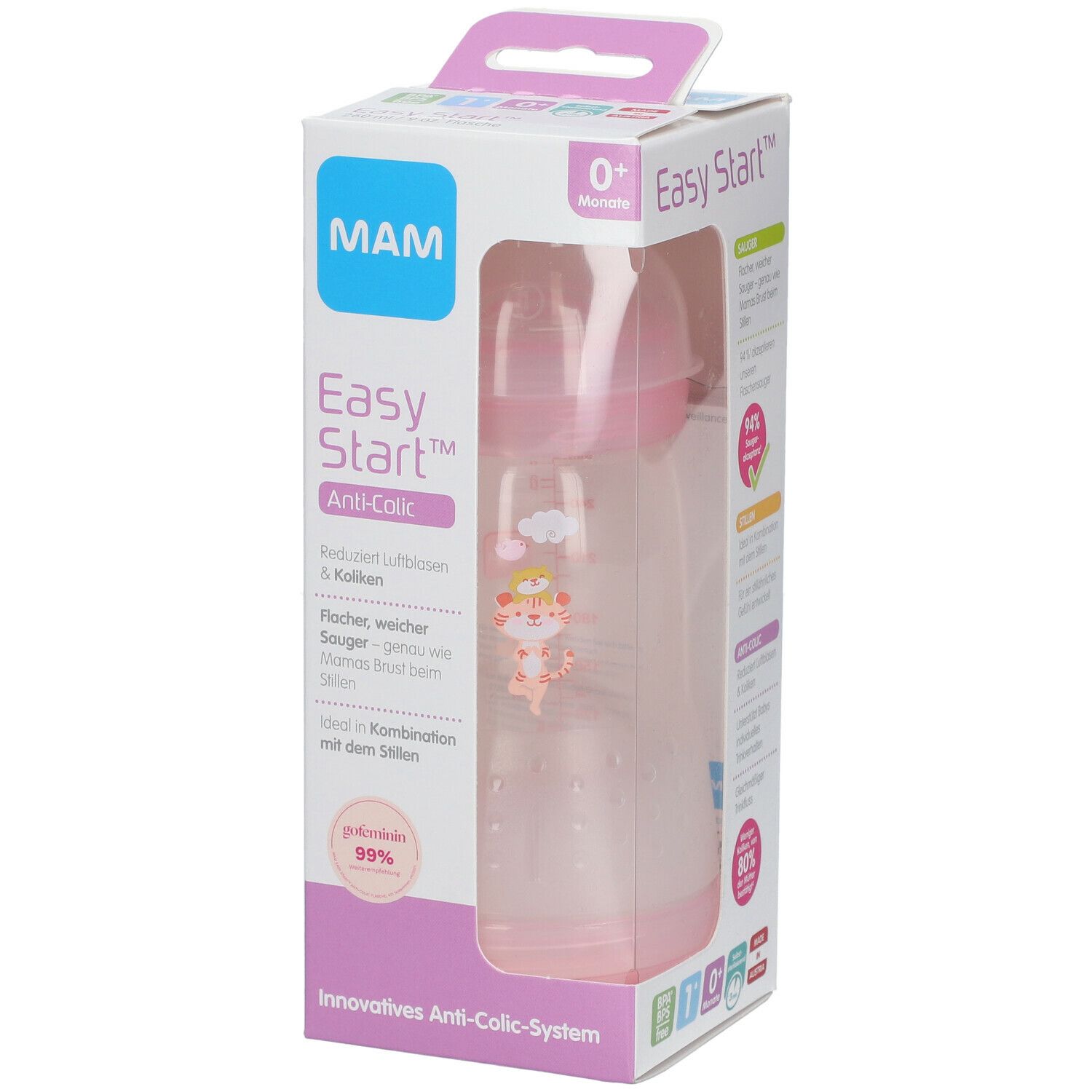 MAM Biberon Anti-Colique 260 ml Fille 0 Mois +  (Couleur non sélectionnable)