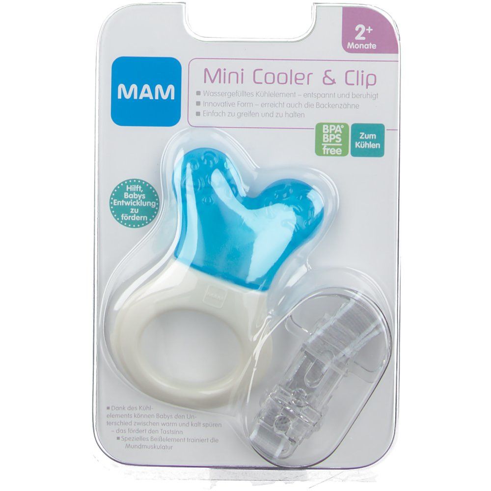MAM Mini Cooler & Clip, emballage. Partie réfrigérante bleue, anneau blanc, clip transparent. Sans BPA.