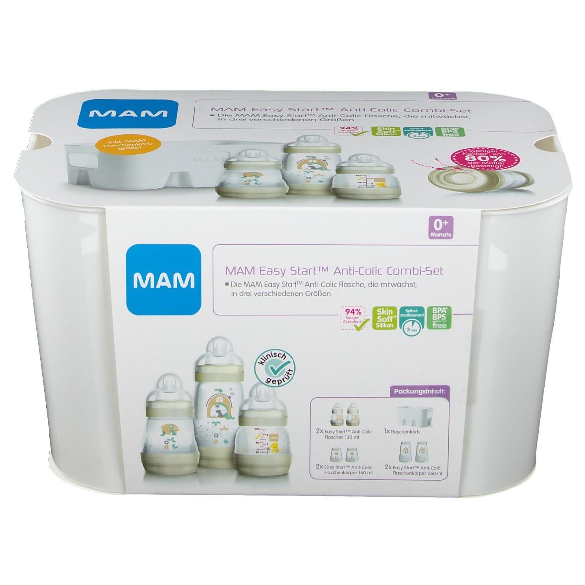 Set MAM Easy Start Anti-Colic. Boîte blanche avec images et texte. Contient biberons et accessoires.