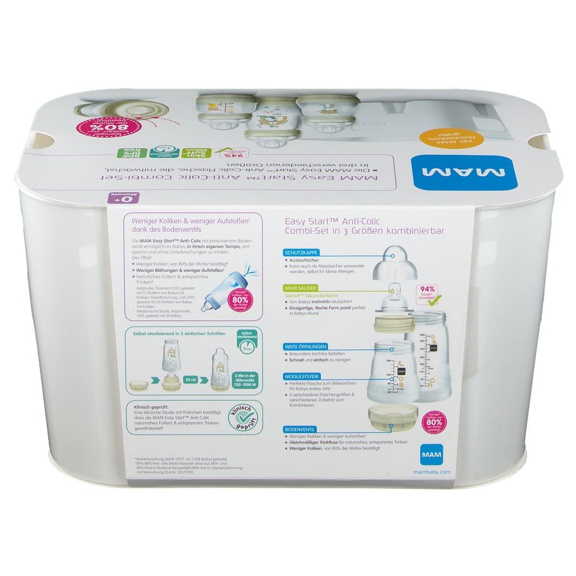 Dos du set MAM Easy Start Anti-Colic. Informations et illustrations sur les biberons et accessoires.