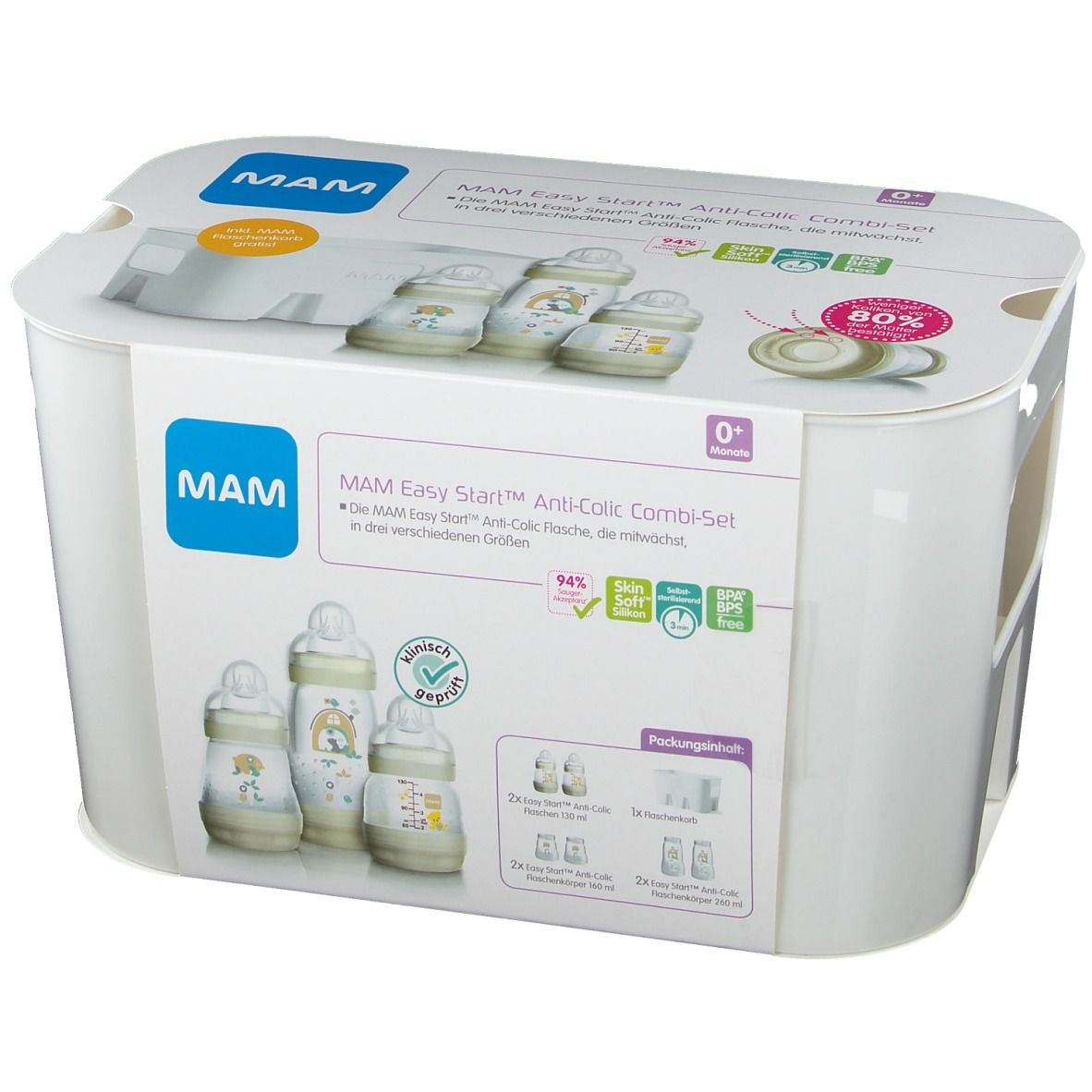 Set MAM Easy Start Anti-Colic. Boîte blanche avec images et texte. Contient biberons et accessoires.