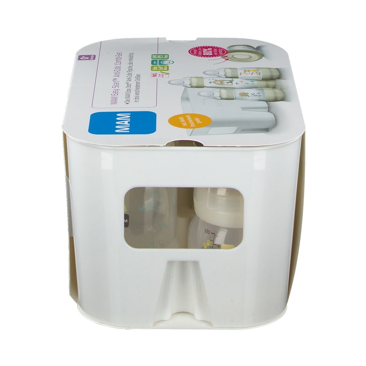 Set MAM Easy Start Anti-Colic. Emballage blanc avec images. Biberons visibles à travers une fenêtre.