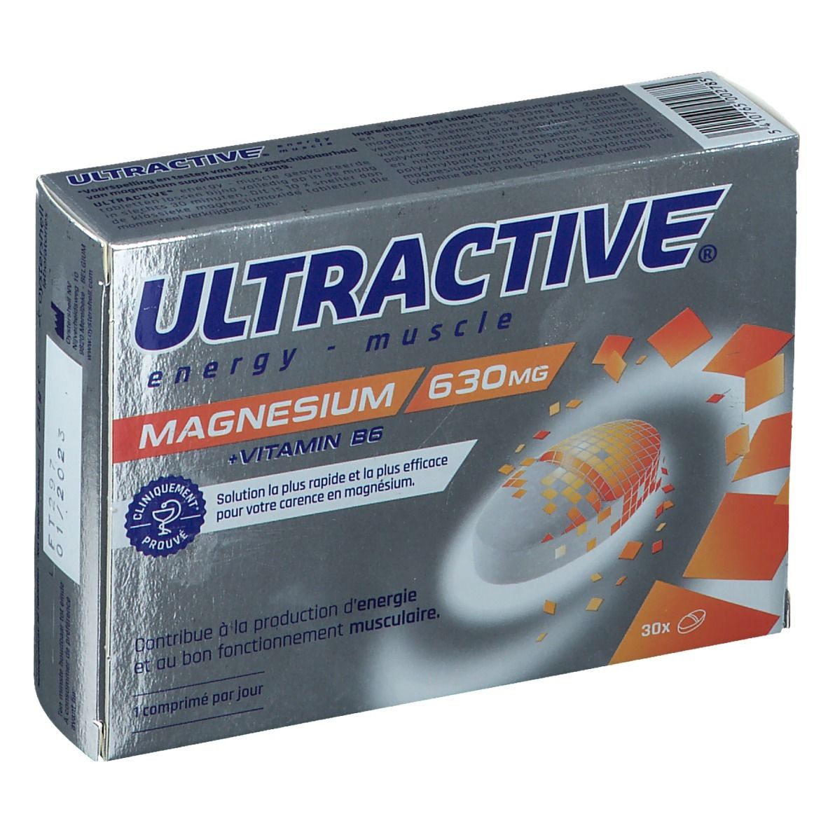 Boîte de Ultractive Magnesio. Contient 30 comprimés. Inscription: 630 mg Magnésium + Vitamine B6. Cliniquement prouvé.