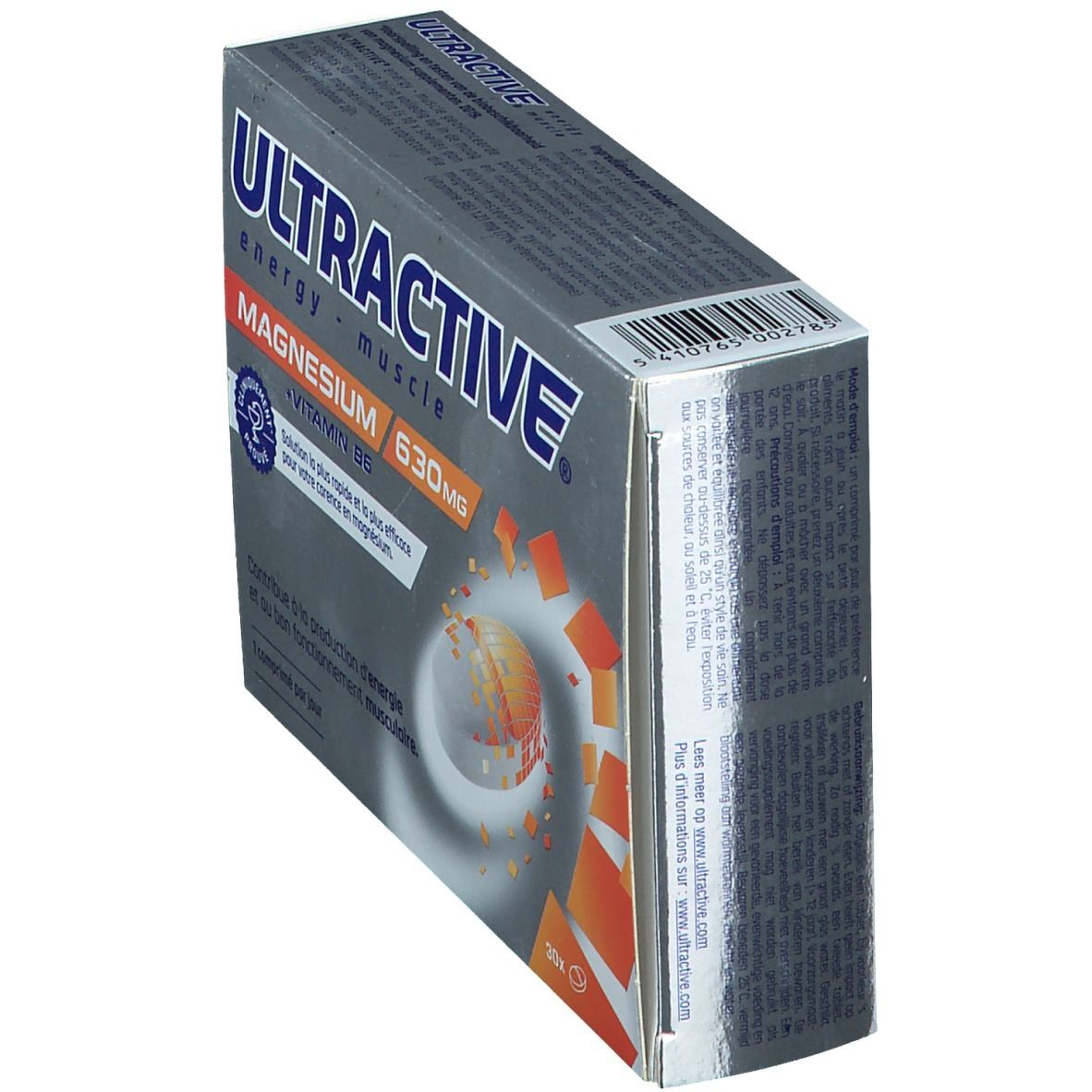 Boîte de Ultractive Magnesio. Contient 30 comprimés. Inscription: 630 mg Magnésium + Vitamine B6. Cliniquement prouvé.