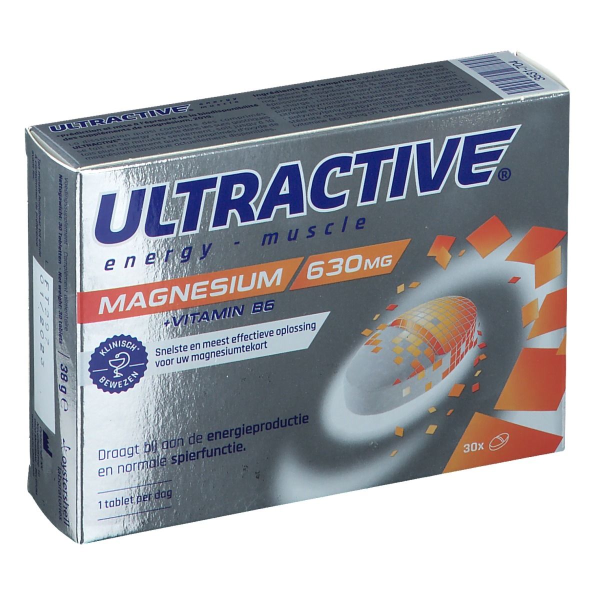 Boîte de Ultractive Magnesio. Contient 30 comprimés. Inscription: 630 mg Magnésium + Vitamine B6. Cliniquement prouvé.