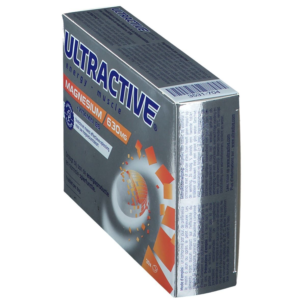 Boîte de Ultractive Magnesio. Contient 30 comprimés. Inscription: 630 mg Magnésium + Vitamine B6. Cliniquement prouvé.