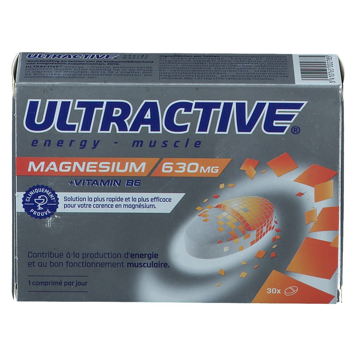 Boîte de Ultractive Magnesio. Contient 30 comprimés. Inscription: 630 mg Magnésium + Vitamine B6. Cliniquement prouvé.