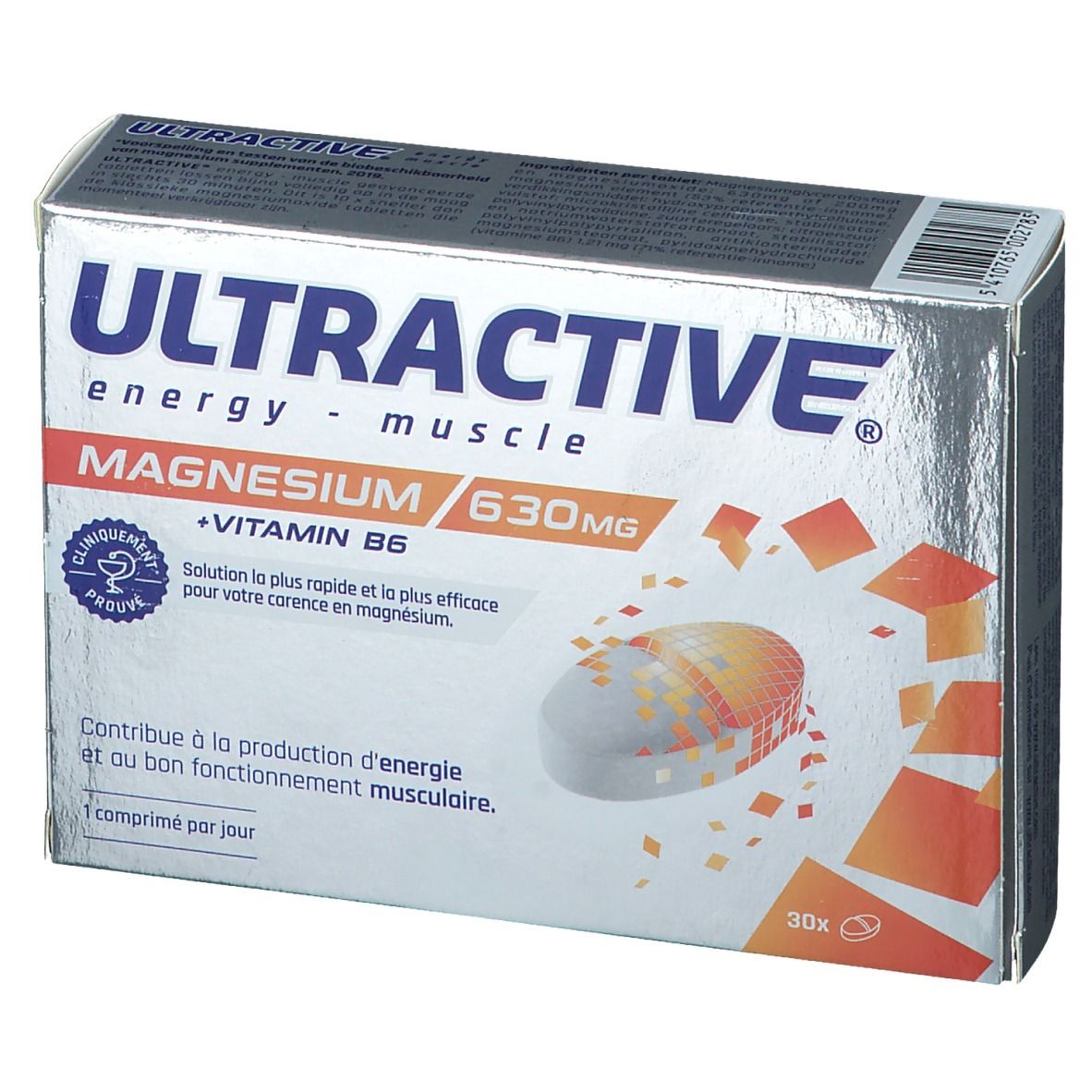 Boîte de Ultractive Magnesio. Contient 30 comprimés. Inscription: 630 mg Magnésium + Vitamine B6. Cliniquement prouvé.