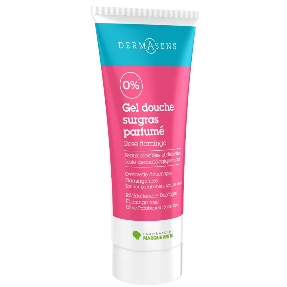 Tube de gel douche Dermasens Rose flamingo. Couleurs rose, blanc et turquoise. Texte: Gel douche surgras parfumé. Logo.