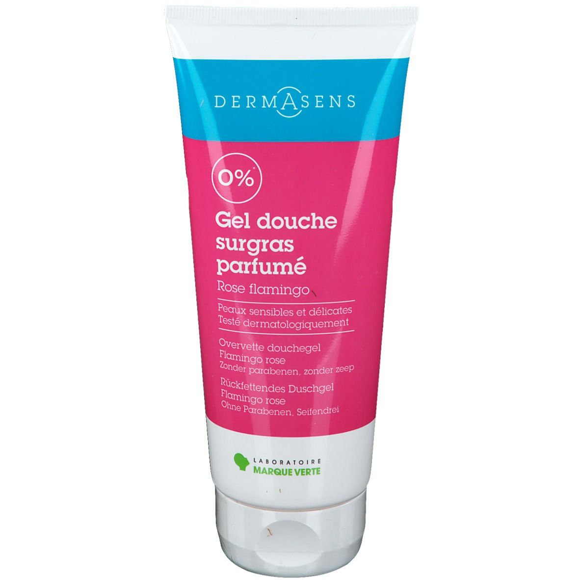 Tube de gel douche Dermasens Rose flamingo. Couleurs rose, blanc et turquoise. Texte: Gel douche surgras parfumé. Logo.