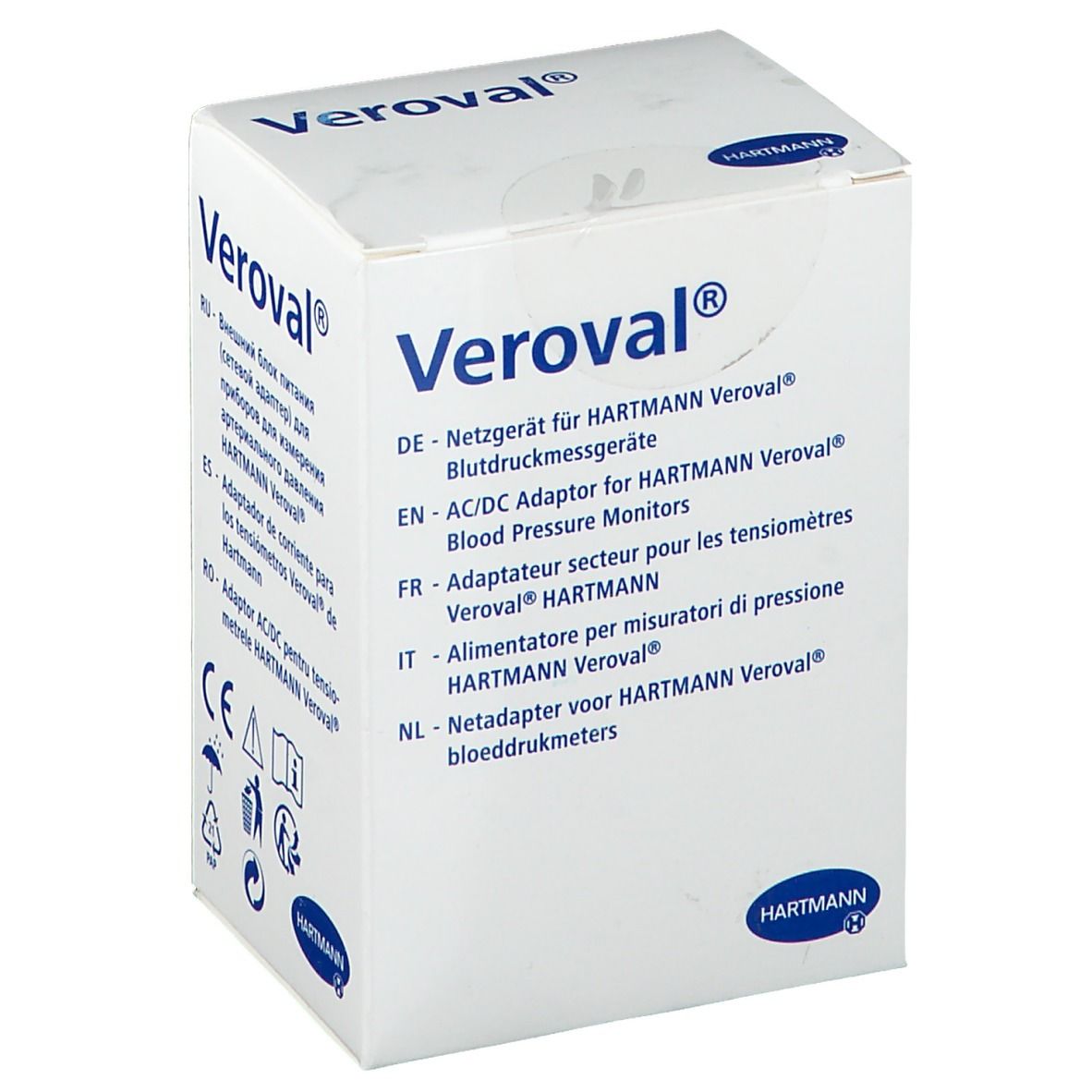 Emballage Veroval. Texte: Veroval, Hartmann. Contient des informations en allemand, anglais, français, italien et néerlandais.