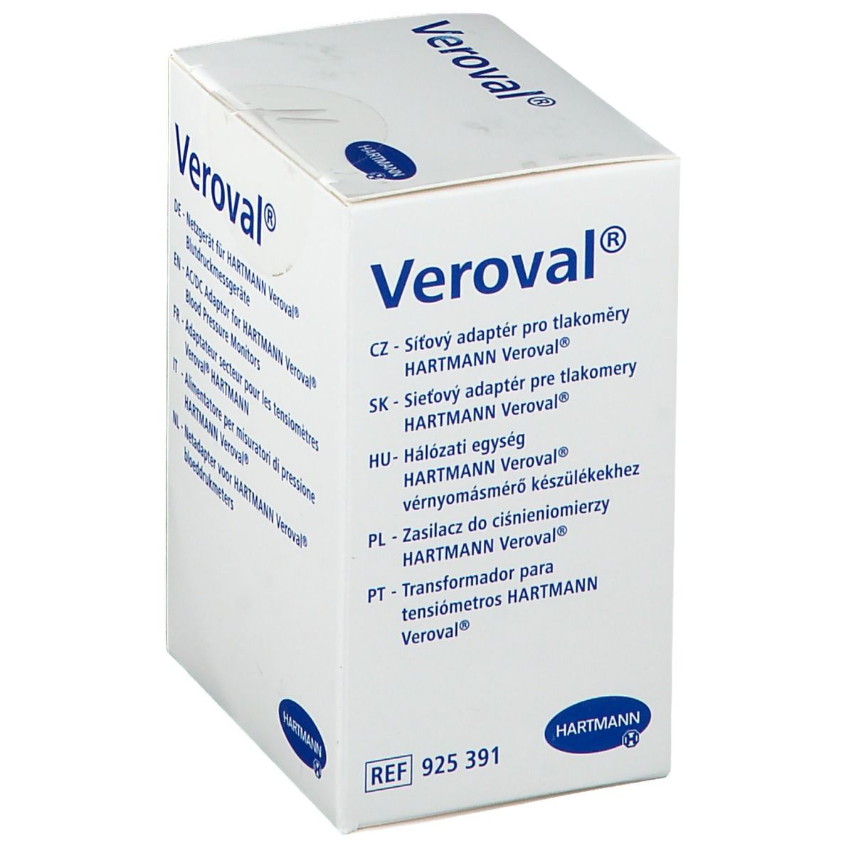 Emballage Veroval. Texte: Veroval, Hartmann. Contient des informations en tchèque, slovaque, hongrois, polonais et portugais.